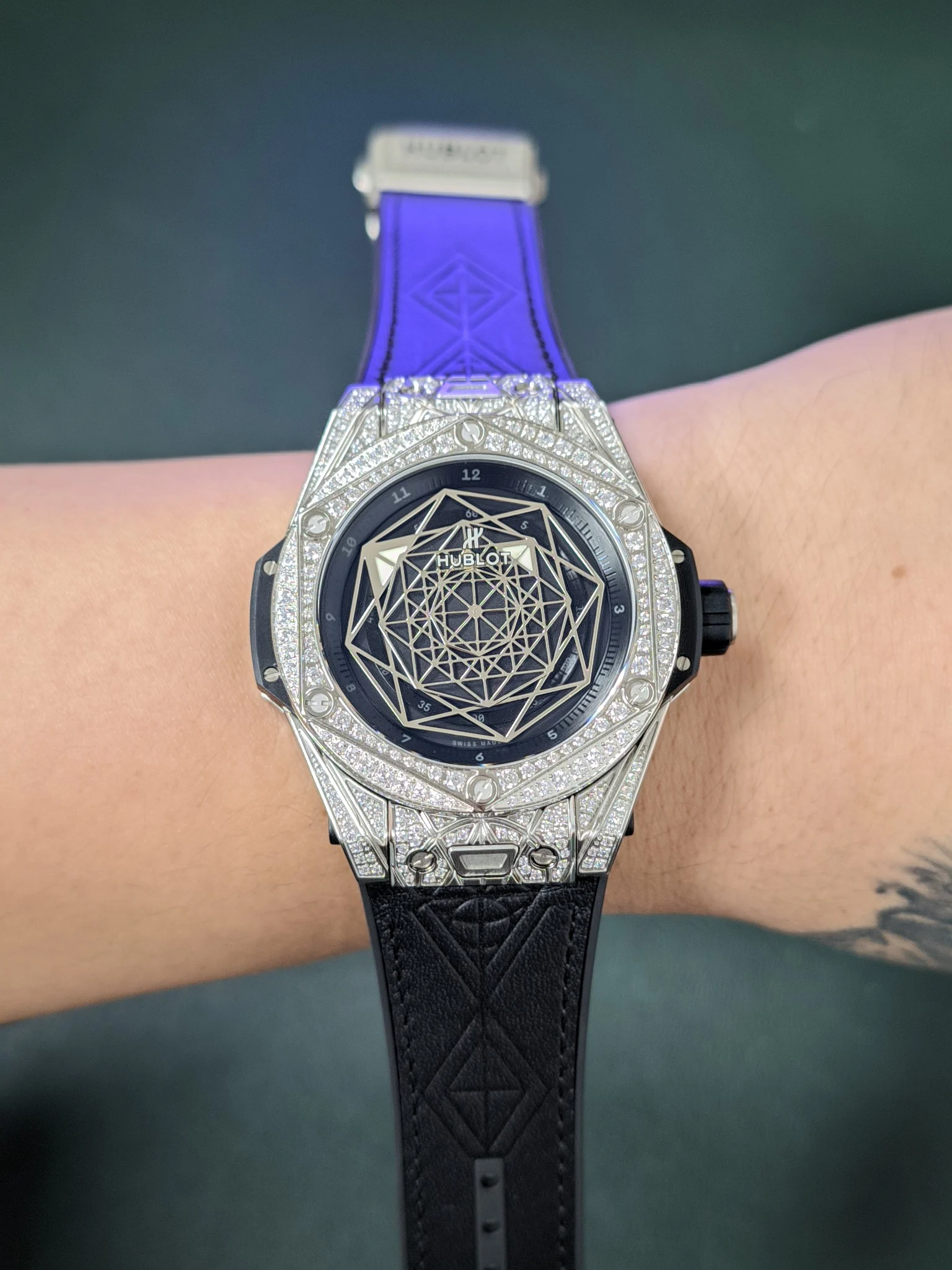 Hublot Big Bang Titanium Blue Dial Diamond-Set 45mm — photographed off the sweep