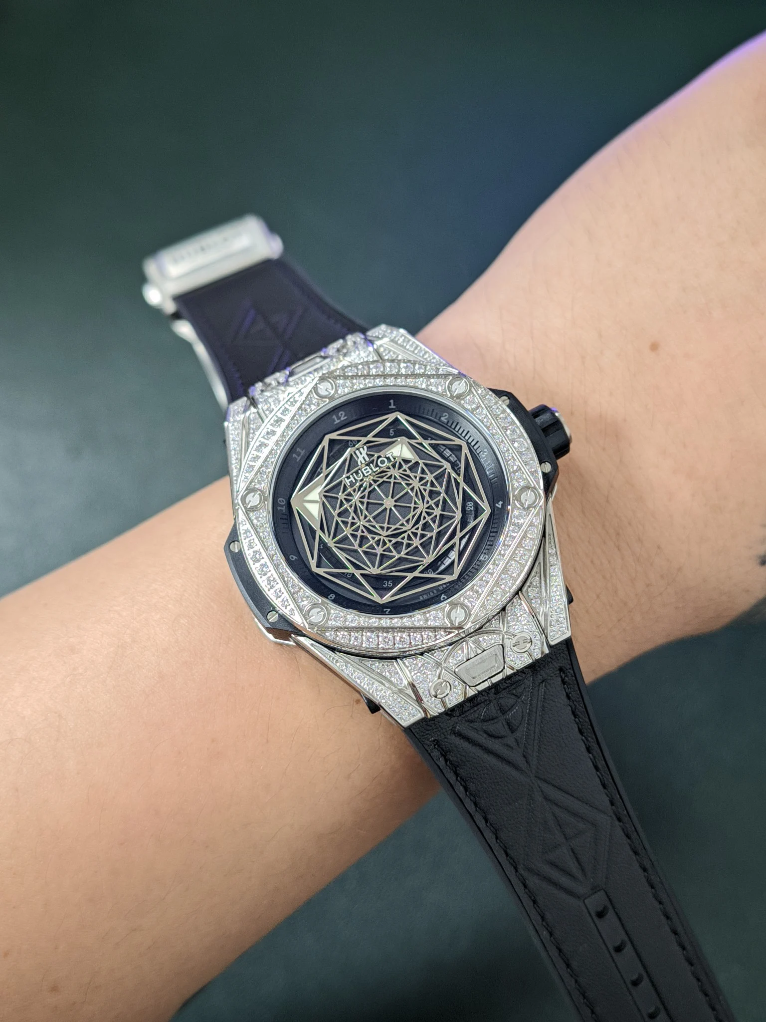 Hublot Big Bang Titanium Blue Dial Diamond-Set 45mm — photographed off the sweep