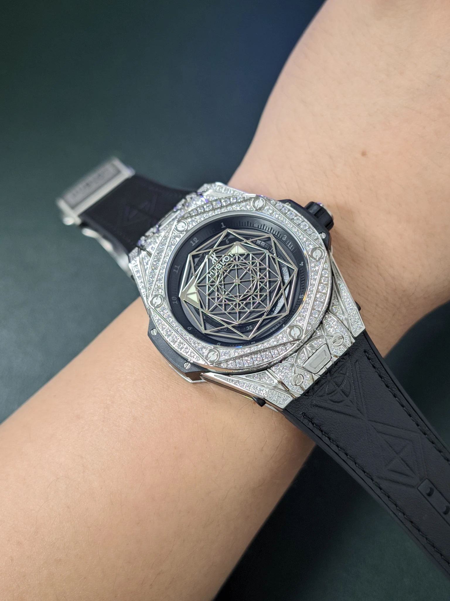 Hublot Big Bang Titanium Blue Dial Diamond-Set 45mm — photographed off the sweep