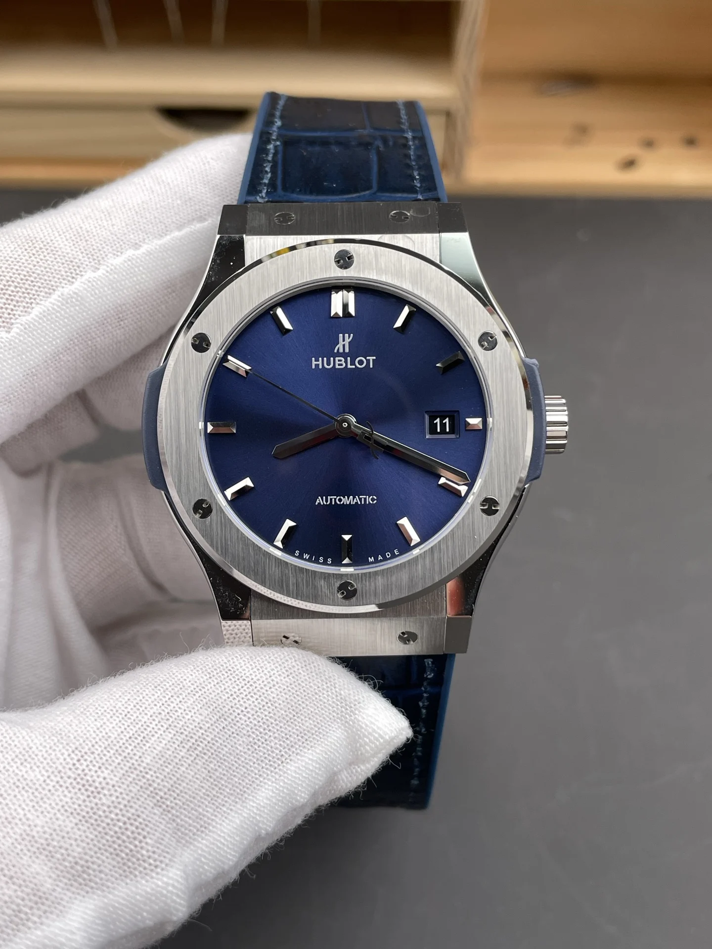Hublot Classic Fusion Blue Dial 42mm — photographed off the sweep