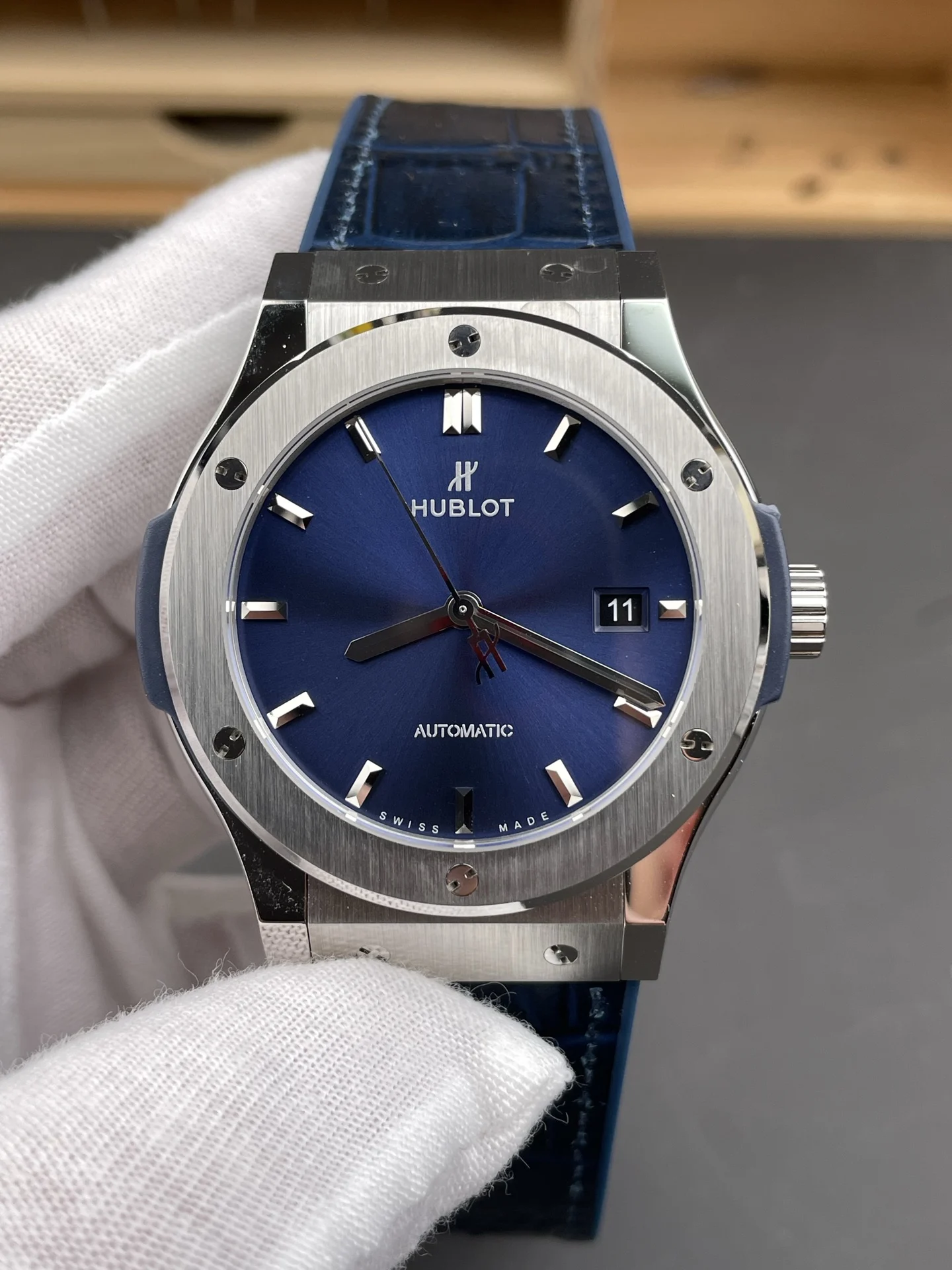 Hublot Classic Fusion Blue Dial 42mm — photographed off the sweep