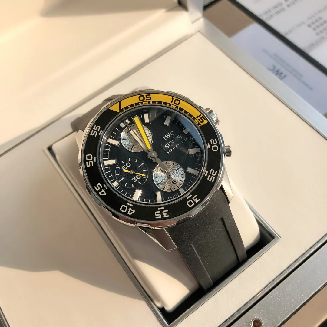 IWC Aquatimer Steel Black Dial 44mm — photographed off the sweep
