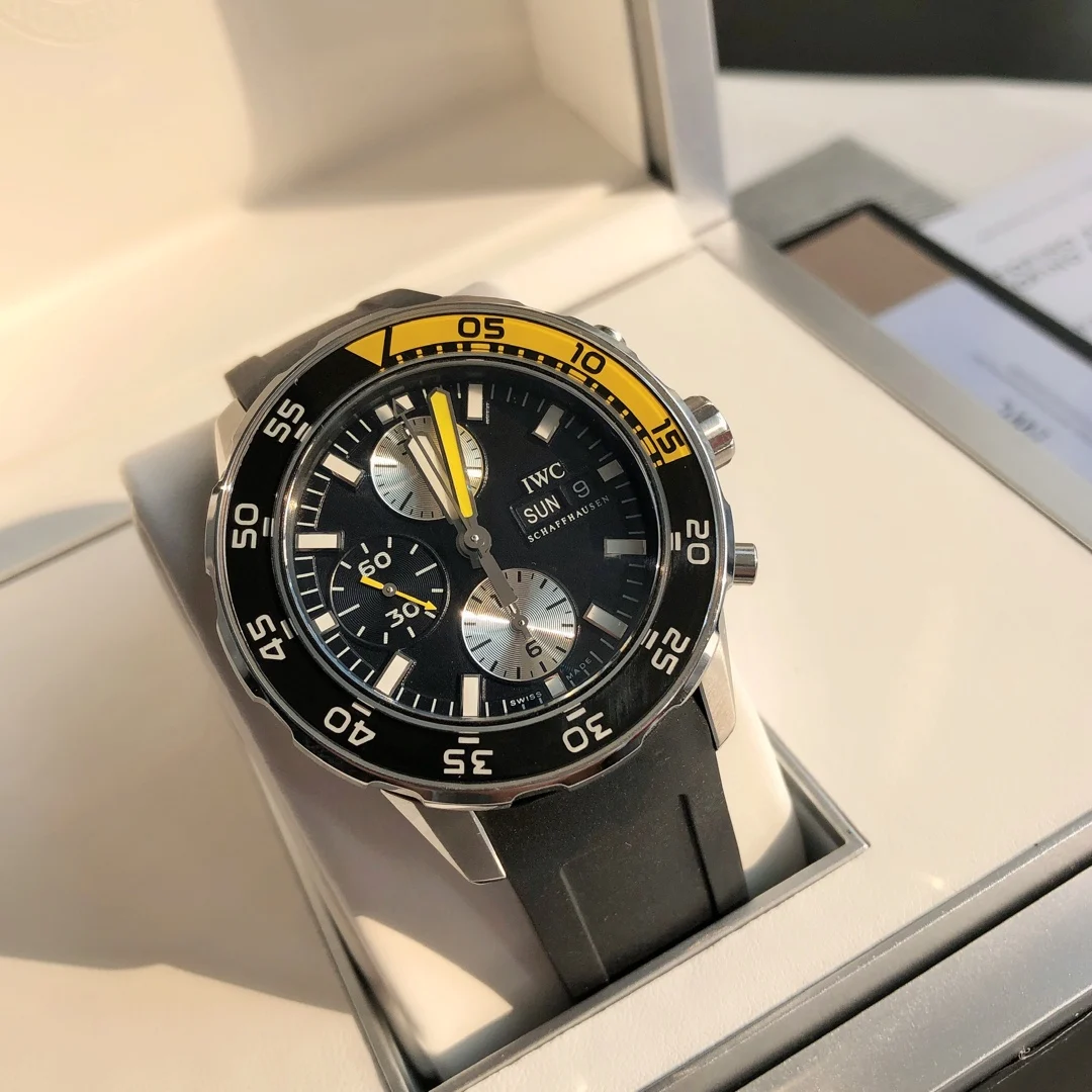 IWC Aquatimer Steel Black Dial 44mm — photographed off the sweep
