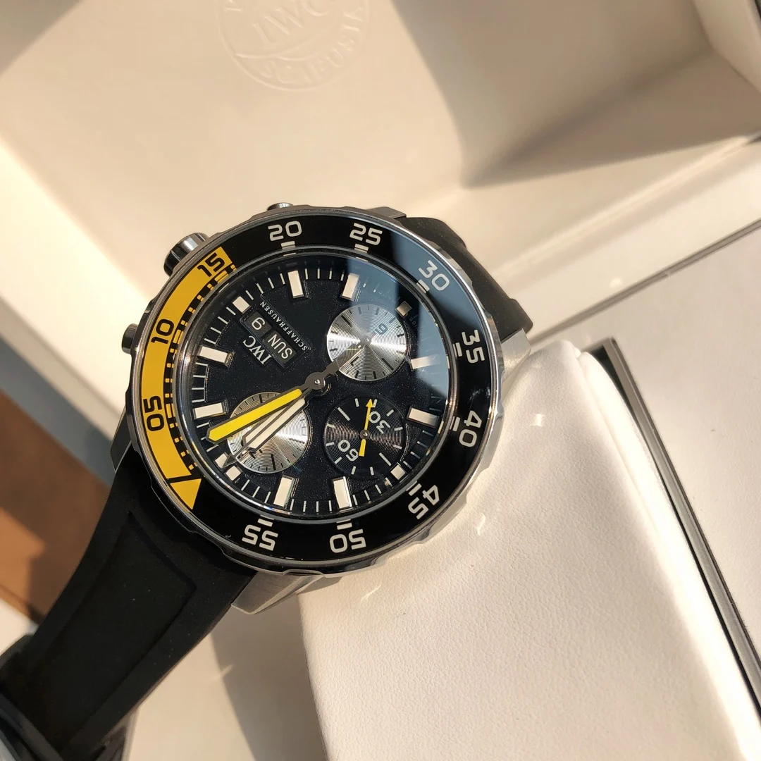 IWC Aquatimer Steel Black Dial 44mm — photographed off the sweep