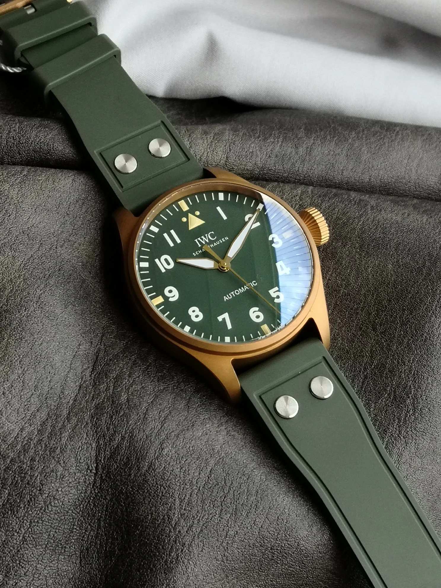 IWC Bronze Green Dial — photographed off the sweep