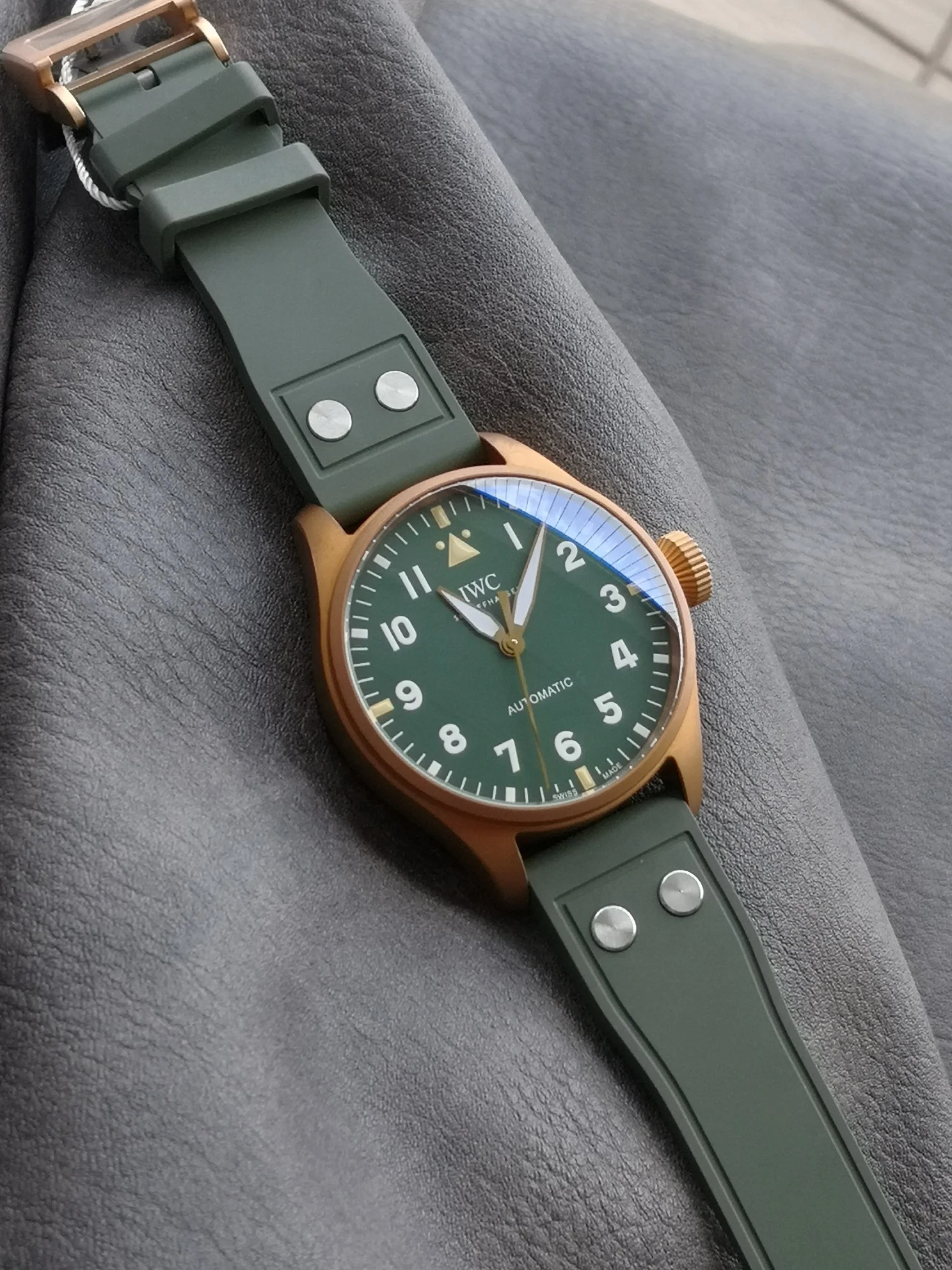 IWC Bronze Green Dial — photographed off the sweep