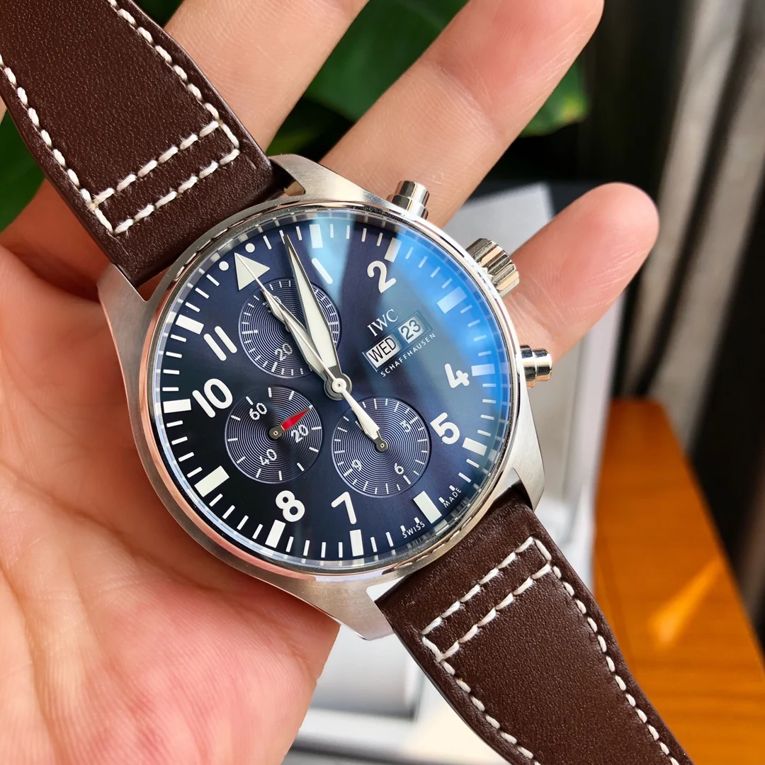 IWC Pilot Blue Dial IW377714 43mm — photographed off the sweep