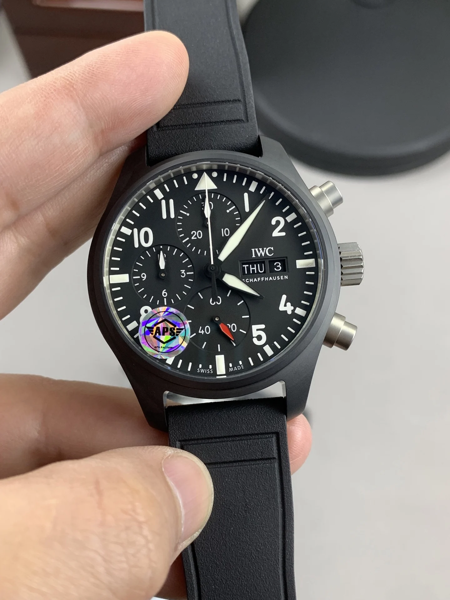 IWC Pilot Ceramic Black Dial — photographed off the sweep