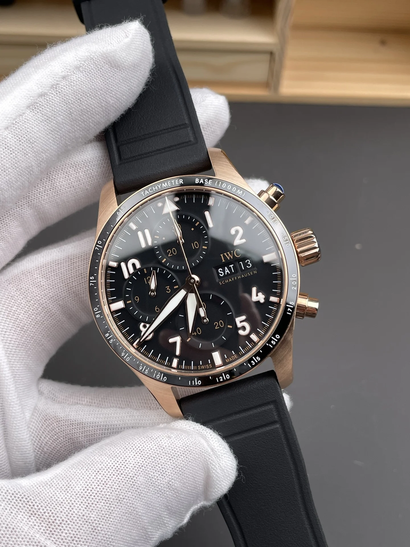 IWC Pilot Rose Gold Black Dial 41mm — photographed off the sweep