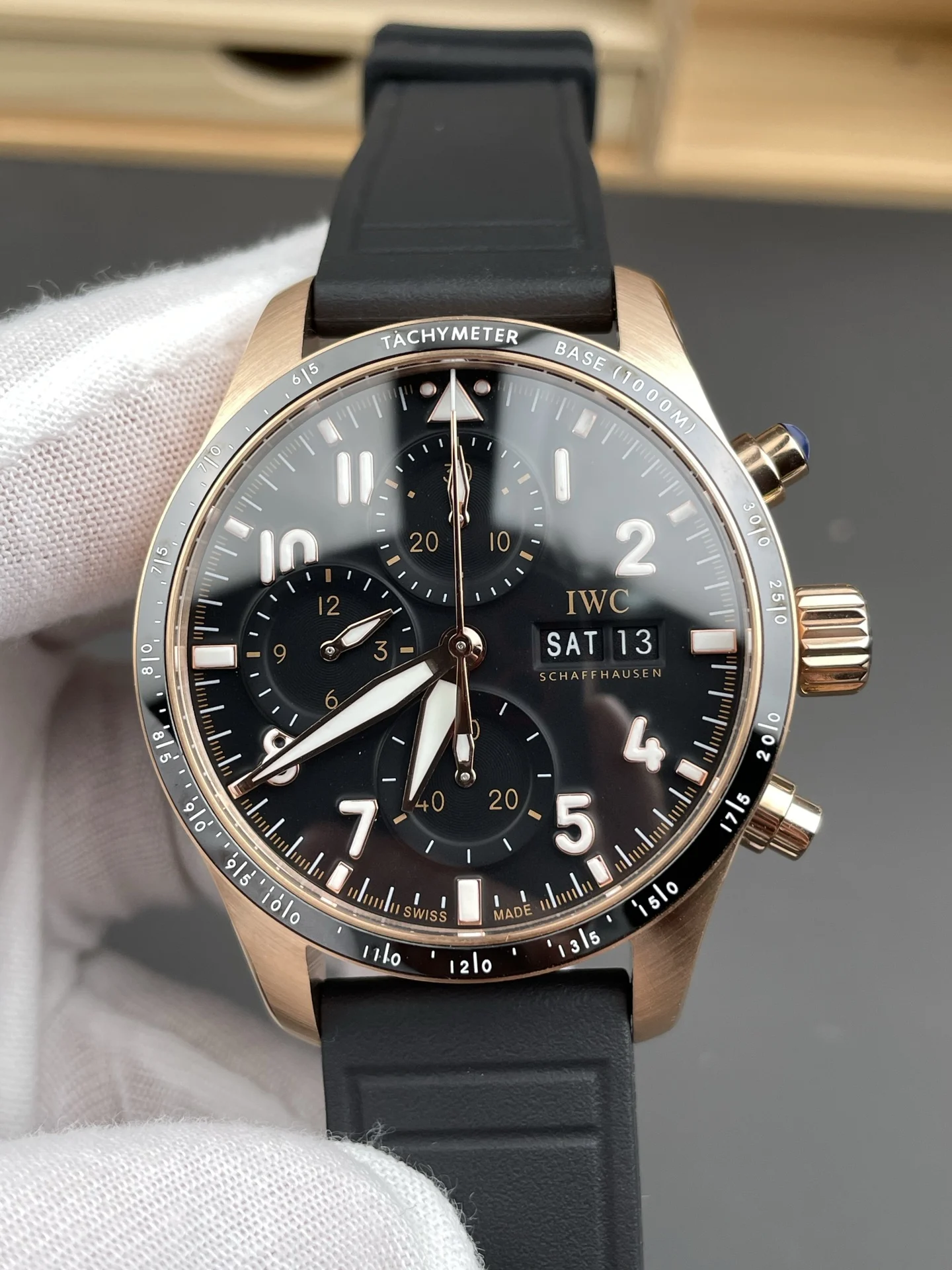 IWC Pilot Rose Gold Black Dial 41mm — photographed off the sweep