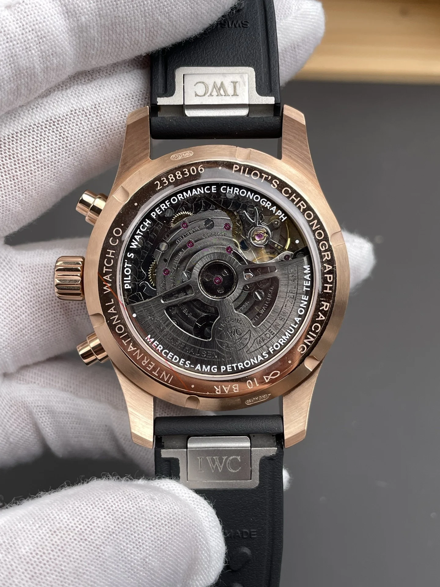 IWC Pilot Rose Gold Black Dial 41mm — photographed off the sweep