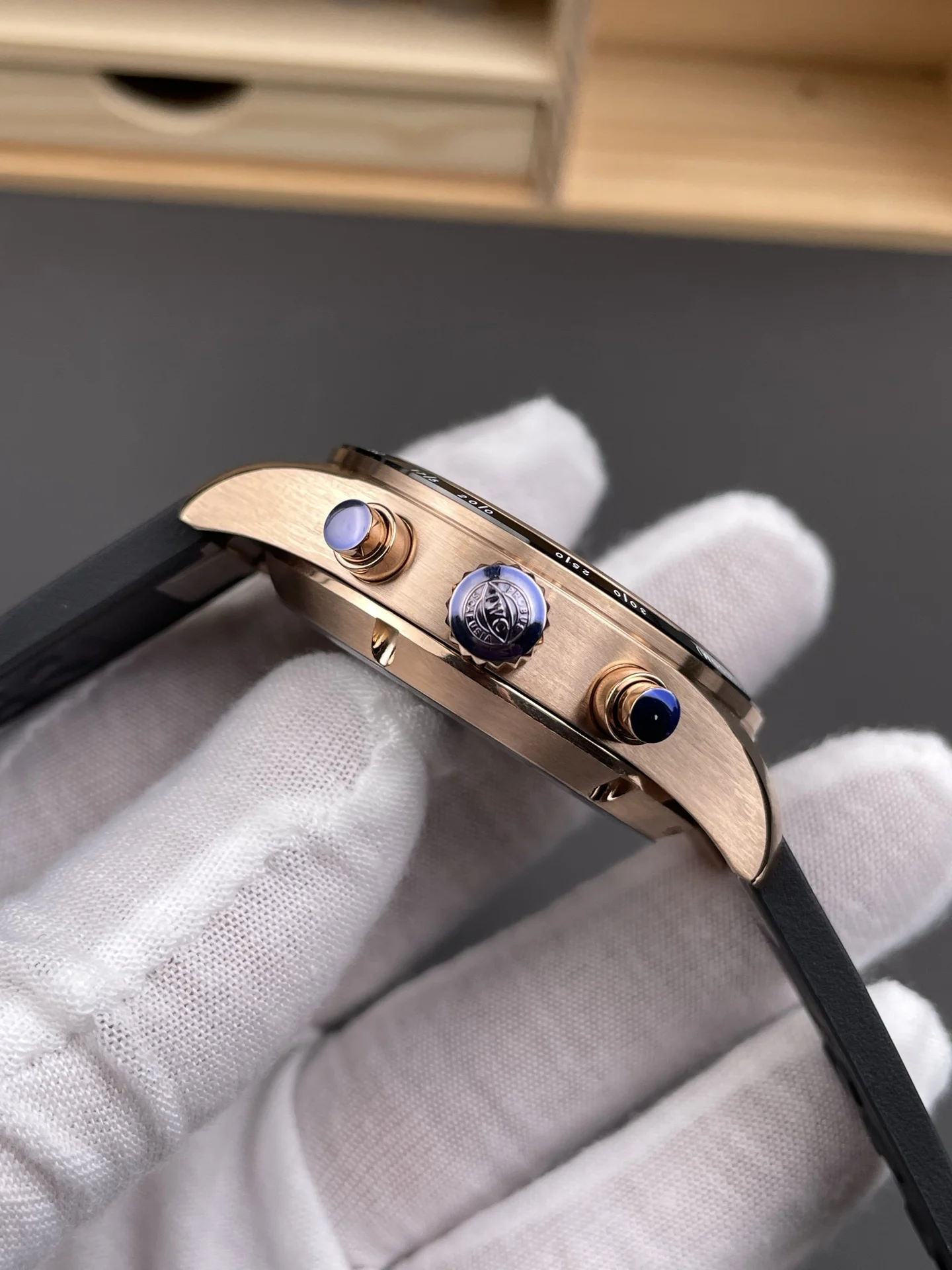 IWC Pilot Rose Gold Black Dial 41mm — photographed off the sweep