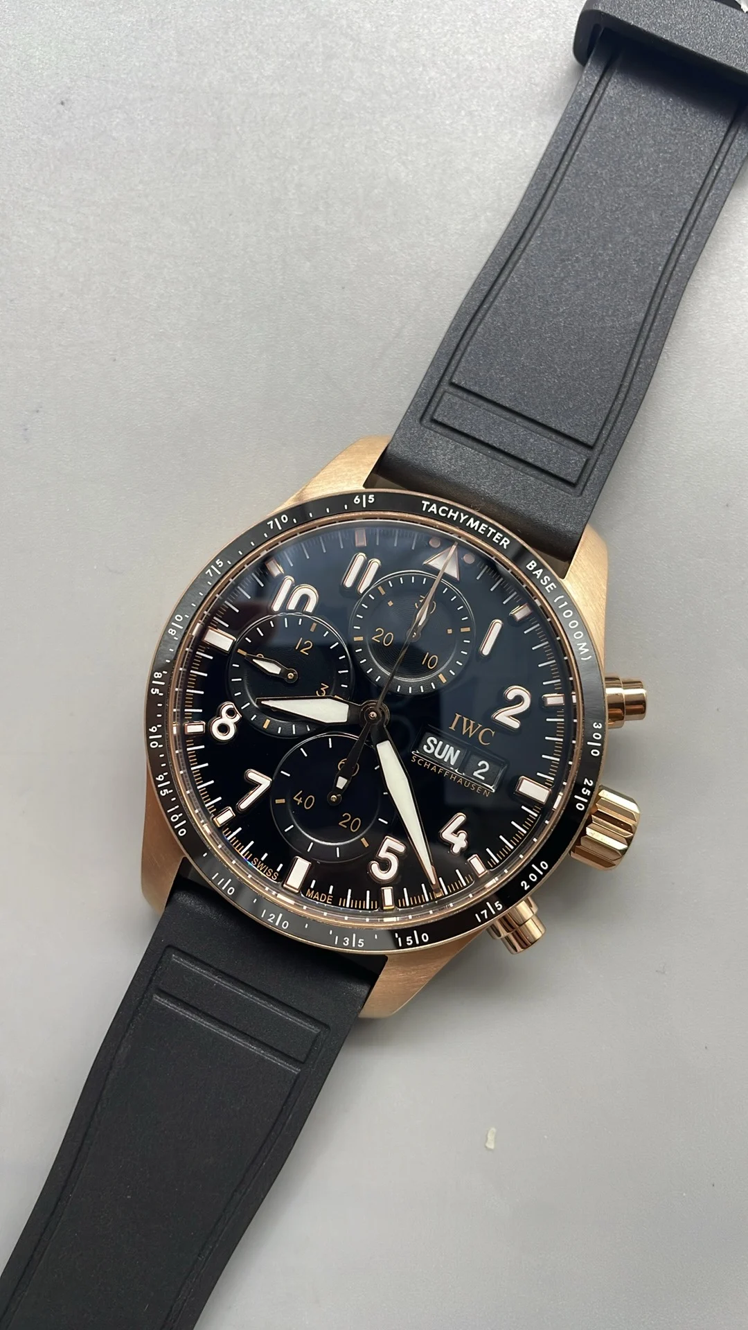 IWC Pilot Rose Gold Black Dial — photographed off the sweep