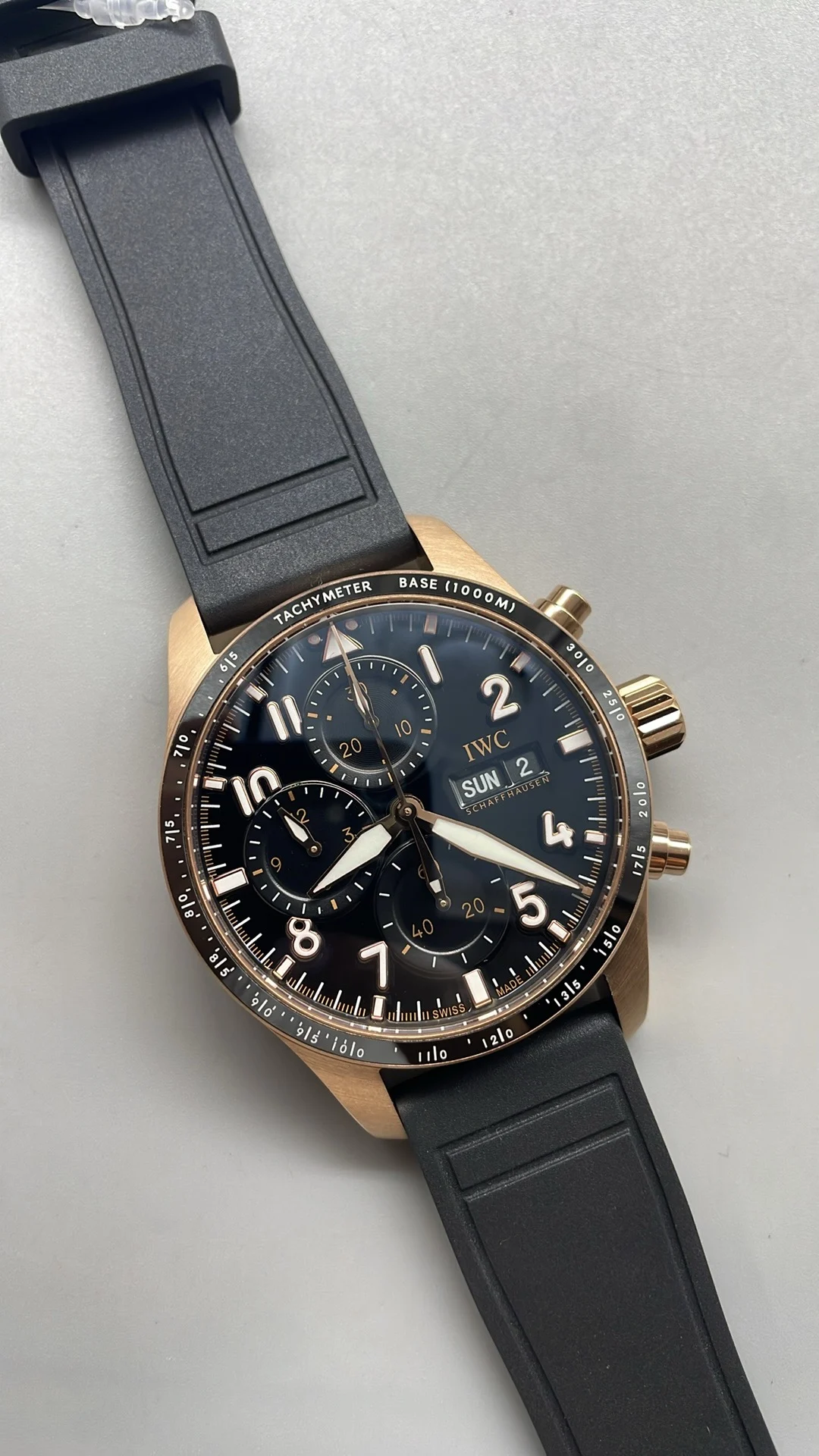 IWC Pilot Rose Gold Black Dial — photographed off the sweep