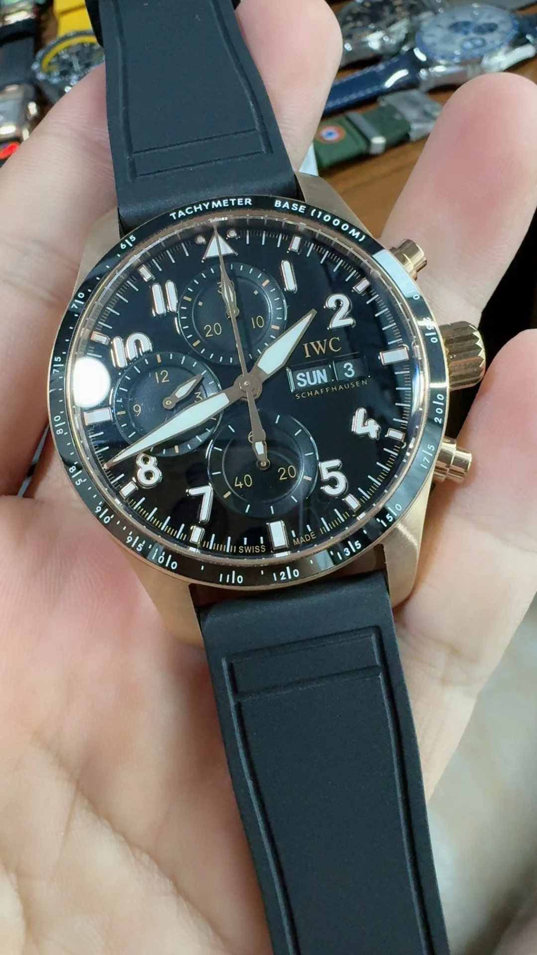 IWC Pilot Rose Gold Black Dial — photographed off the sweep