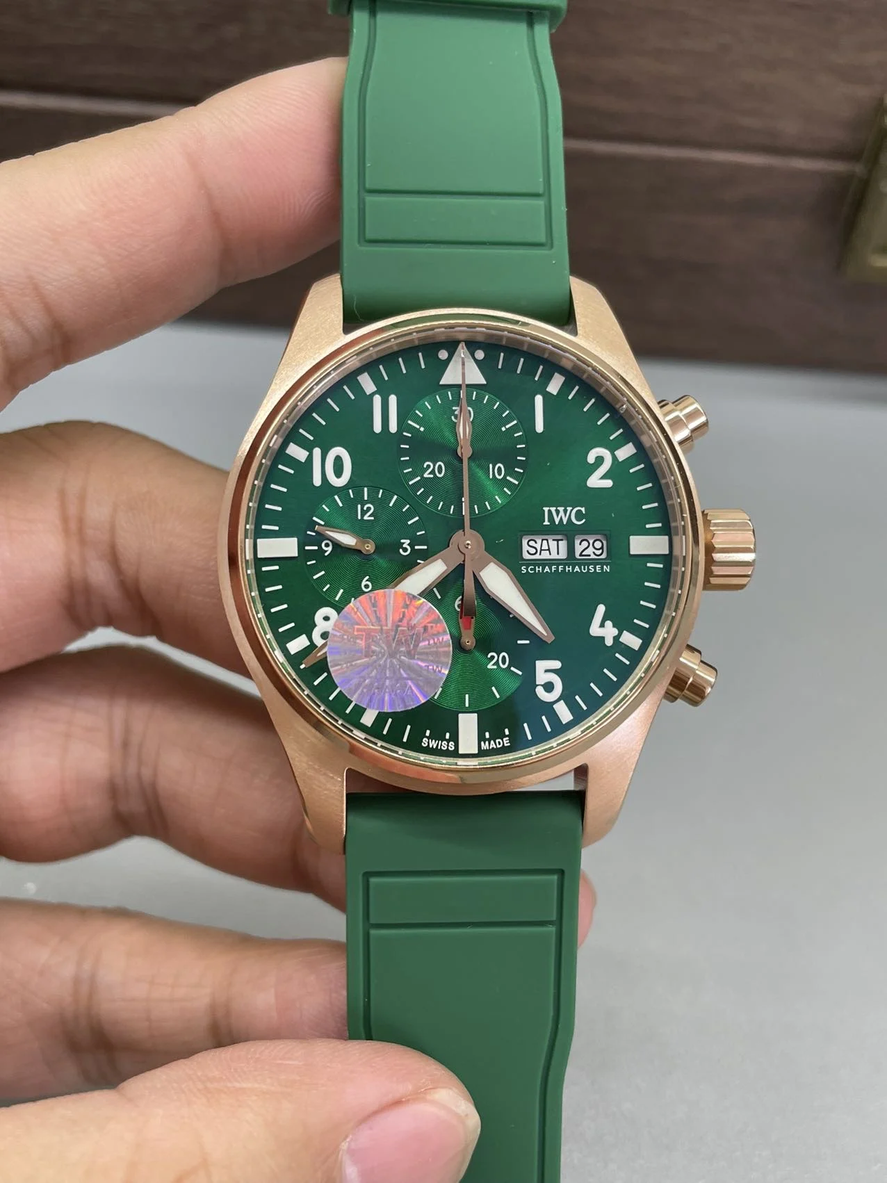 IWC Pilot Rose Gold Green Dial — photographed off the sweep