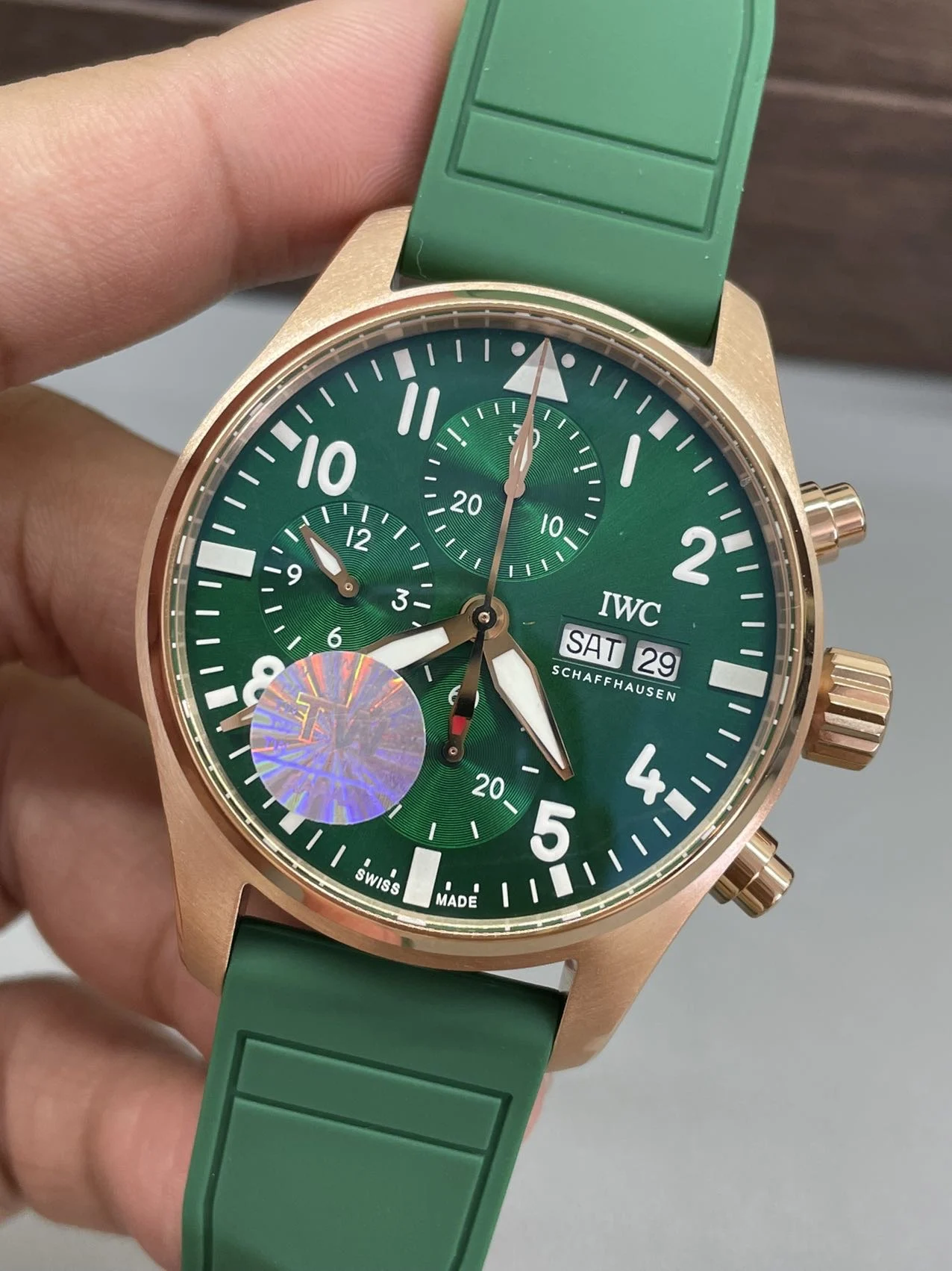 IWC Pilot Rose Gold Green Dial — photographed off the sweep