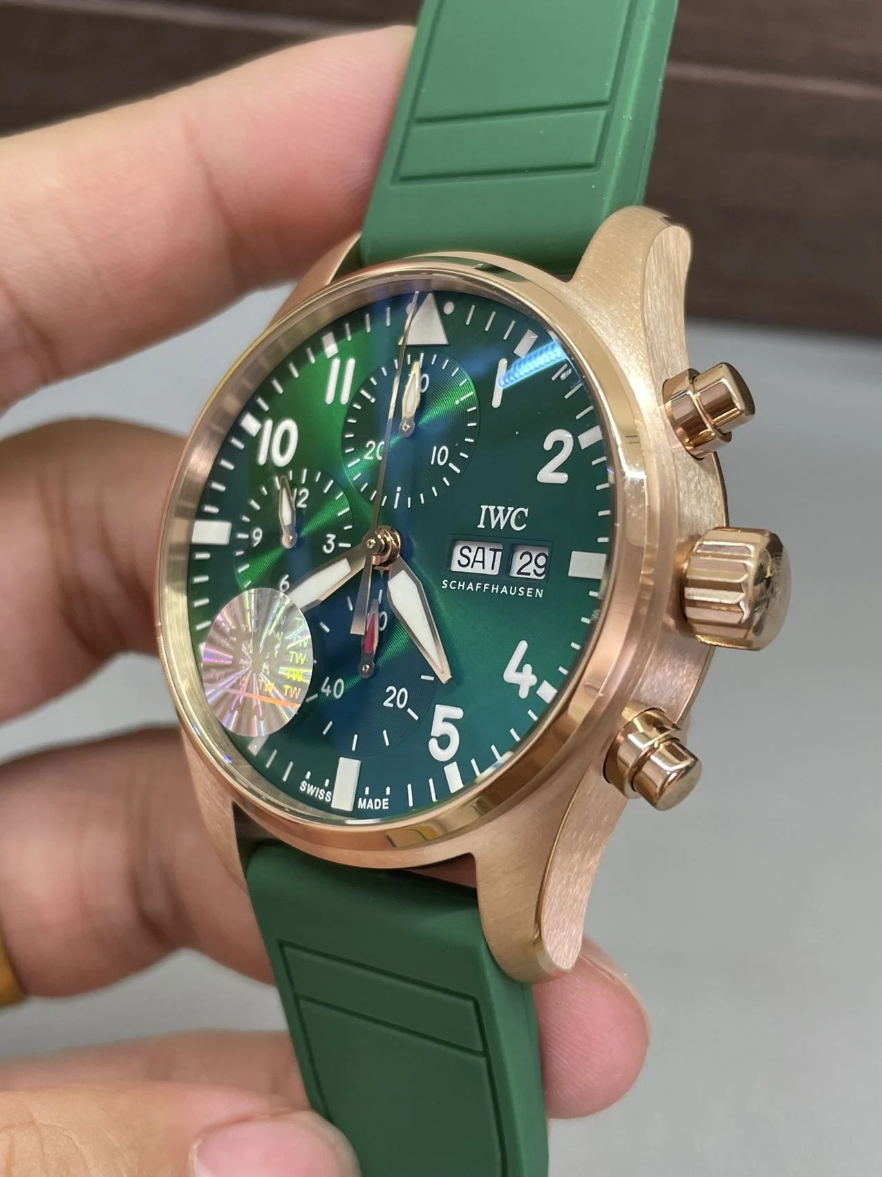 IWC Pilot Rose Gold Green Dial — photographed off the sweep