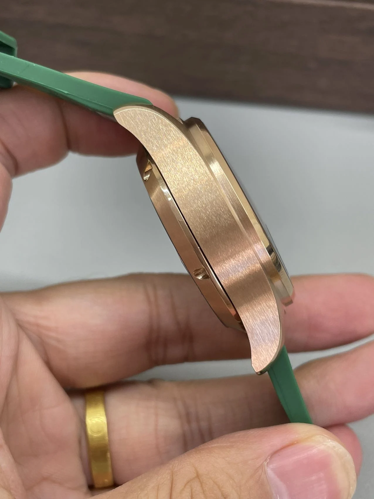 IWC Pilot Rose Gold Green Dial — photographed off the sweep