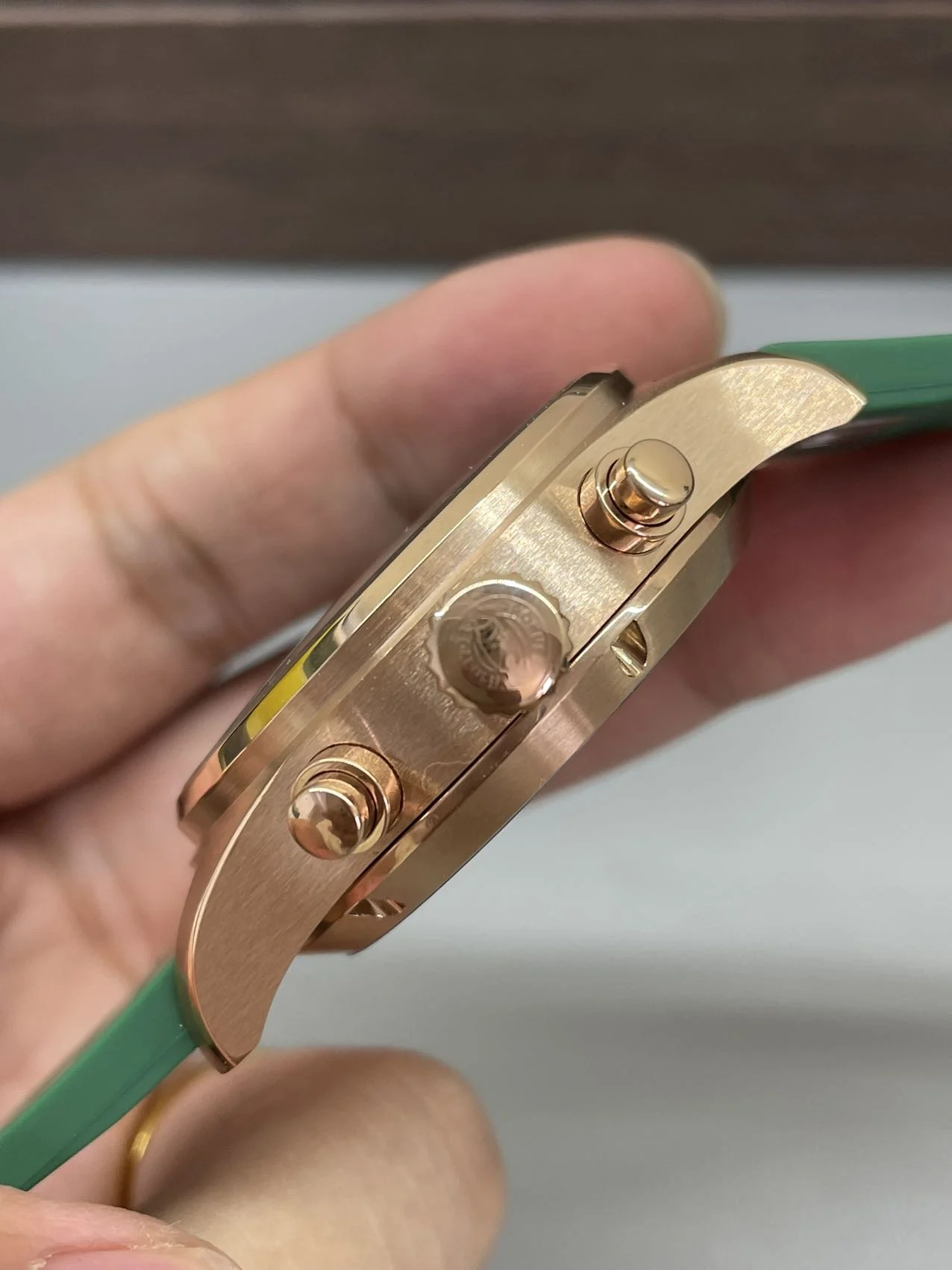 IWC Pilot Rose Gold Green Dial — photographed off the sweep