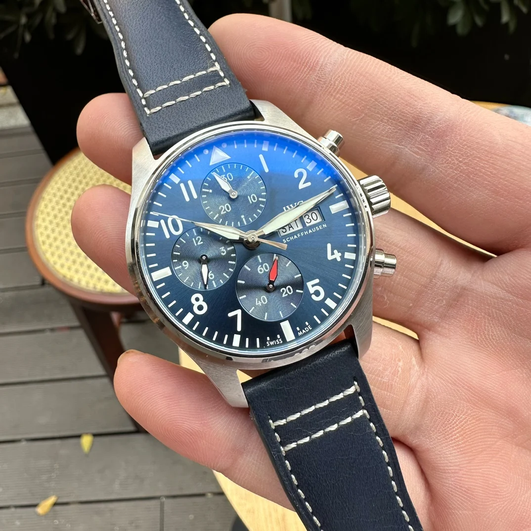 IWC Pilot Steel Green Dial IW388101 41mm — photographed off the sweep