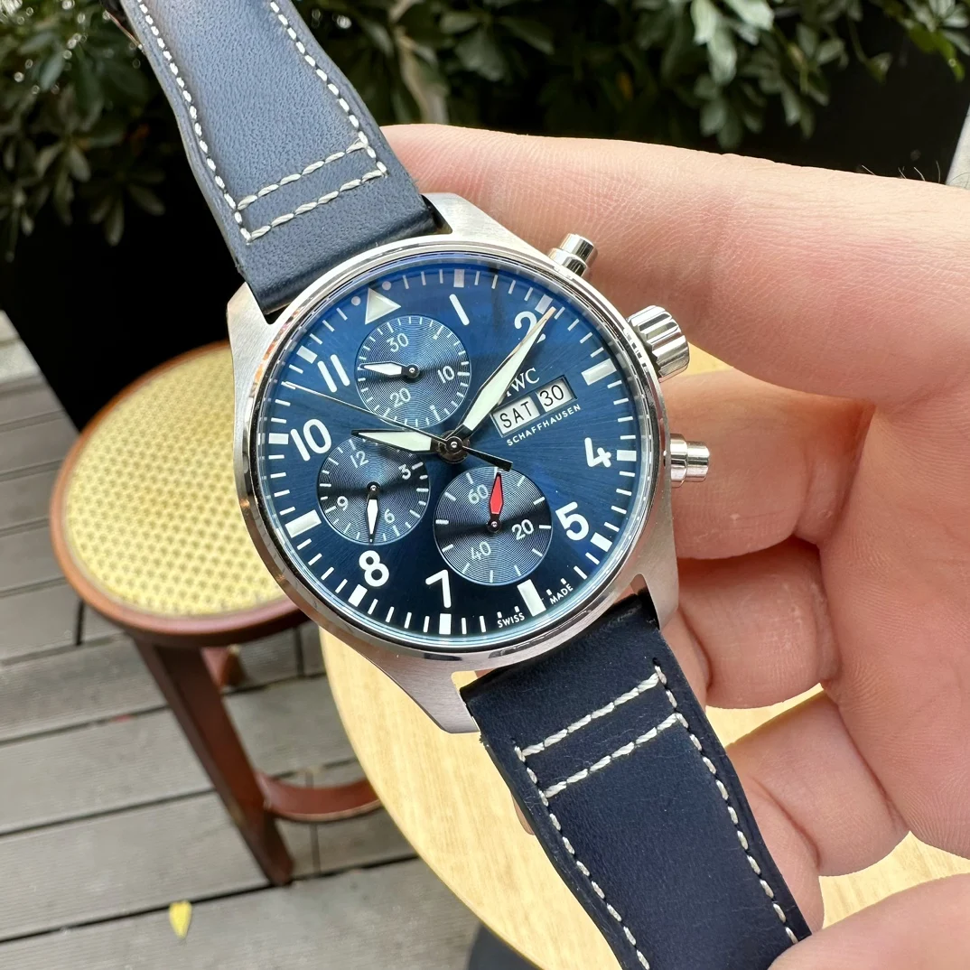 IWC Pilot Steel Green Dial IW388101 41mm — photographed off the sweep