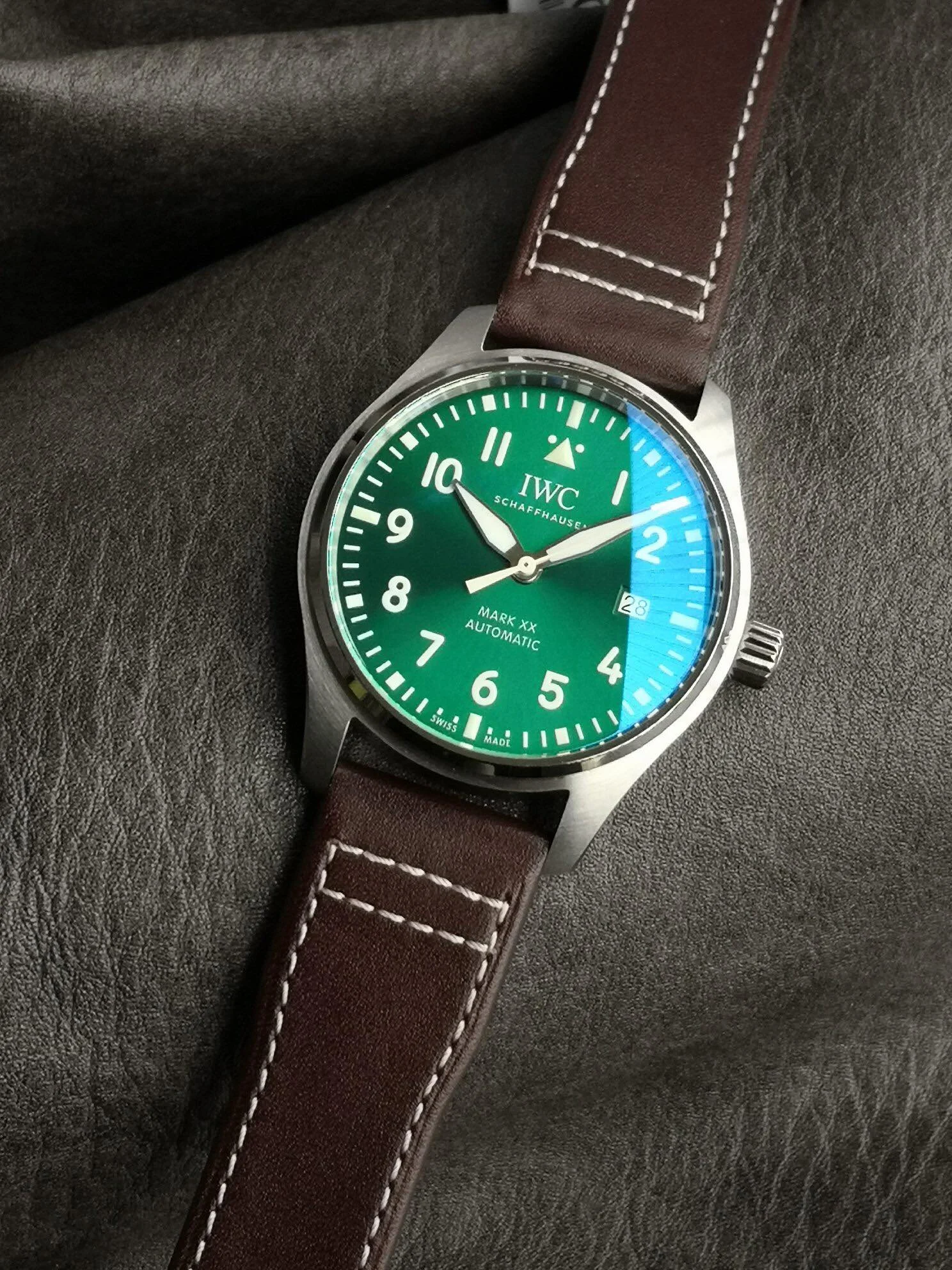 IWC Pilot Steel Green Dial — photographed off the sweep