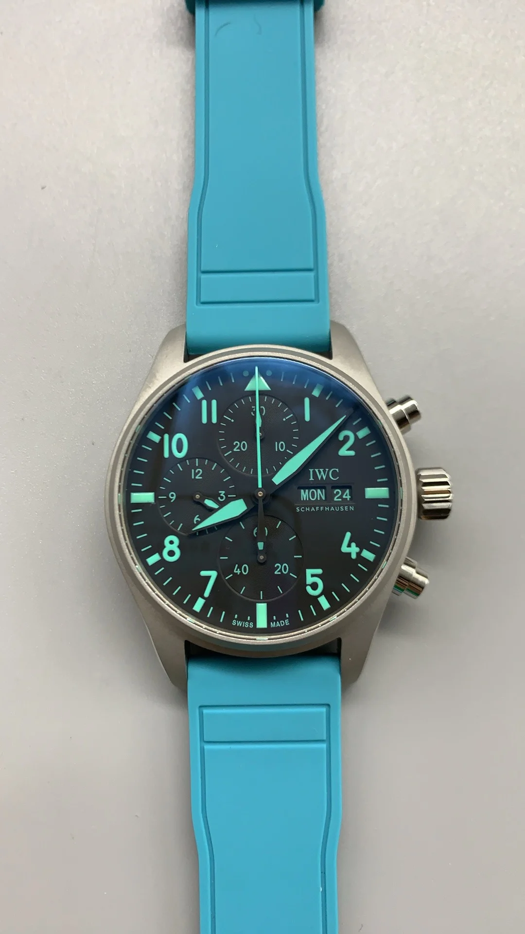 IWC Pilot Tiffany Blue Dial 41mm — photographed off the sweep