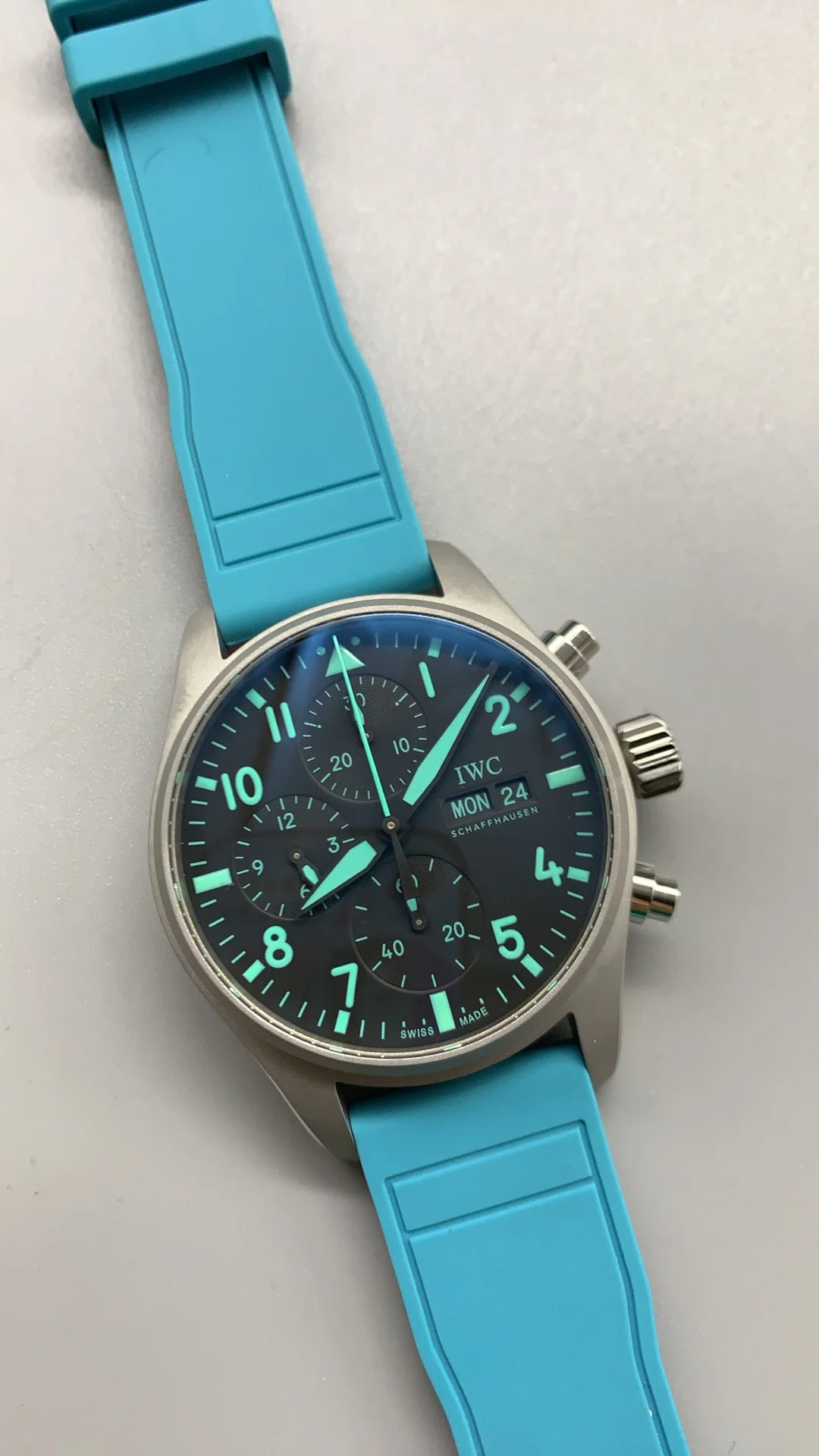 IWC Pilot Tiffany Blue Dial 41mm — photographed off the sweep