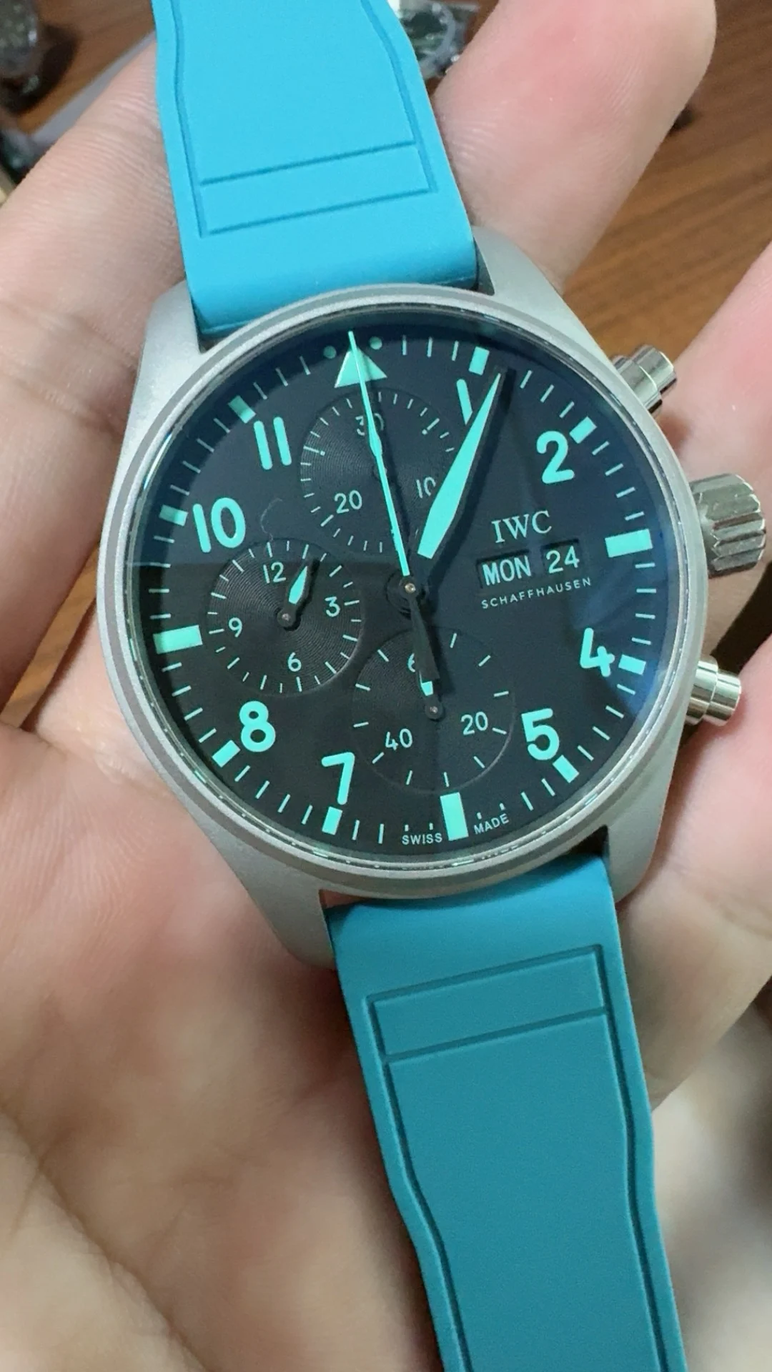 IWC Pilot Tiffany Blue Dial 41mm — photographed off the sweep