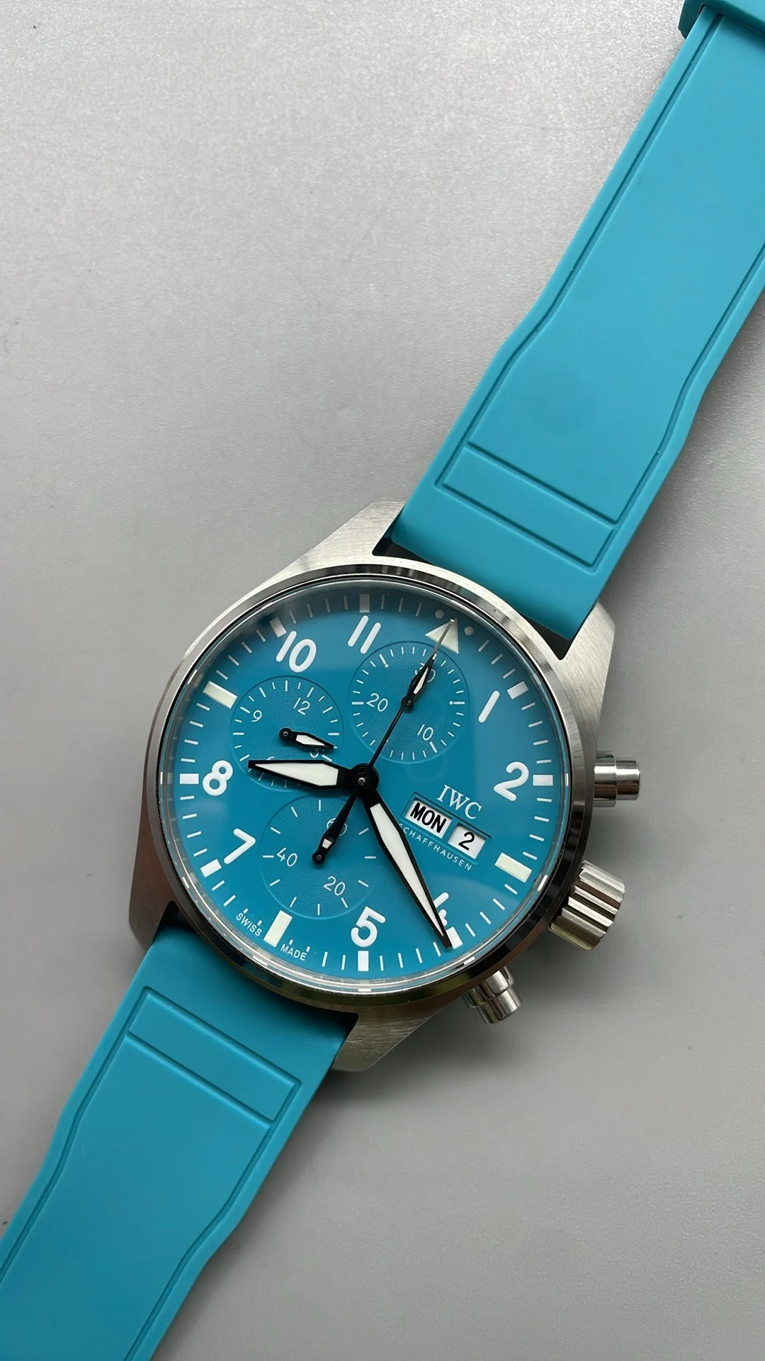 IWC Pilot Tiffany Blue Dial — photographed off the sweep