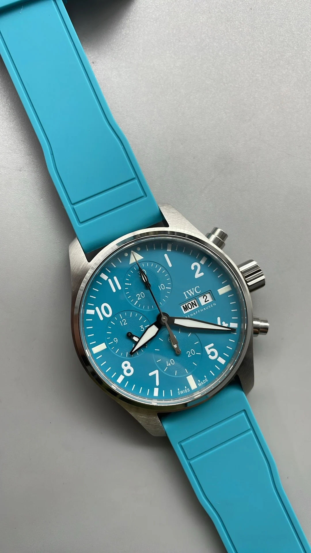 IWC Pilot Tiffany Blue Dial — photographed off the sweep