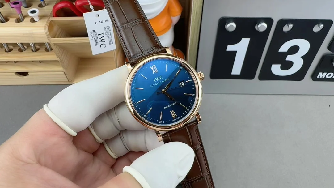 IWC Portofino Rose Gold Blue Dial — photographed off the sweep