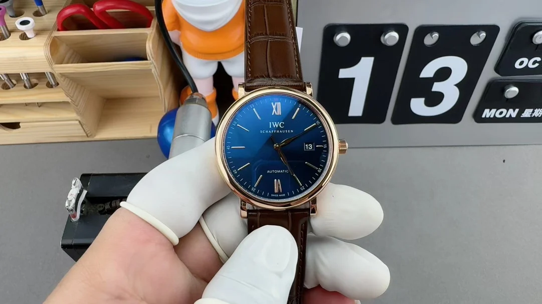 IWC Portofino Rose Gold Blue Dial — photographed off the sweep