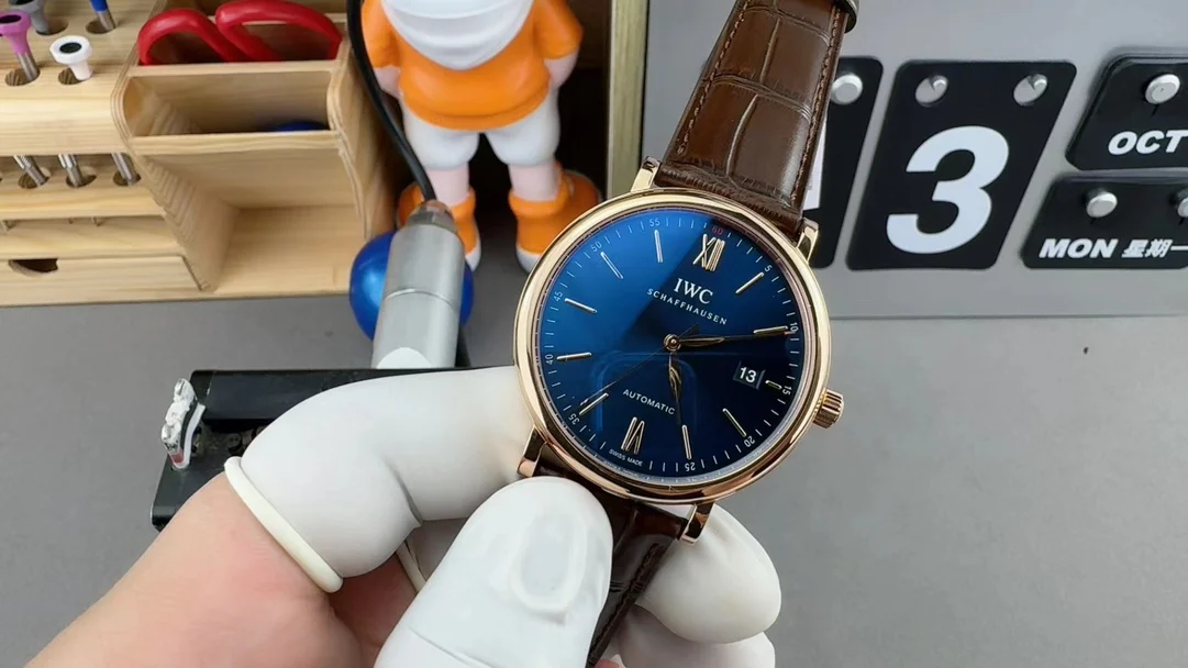 IWC Portofino Rose Gold Blue Dial — photographed off the sweep