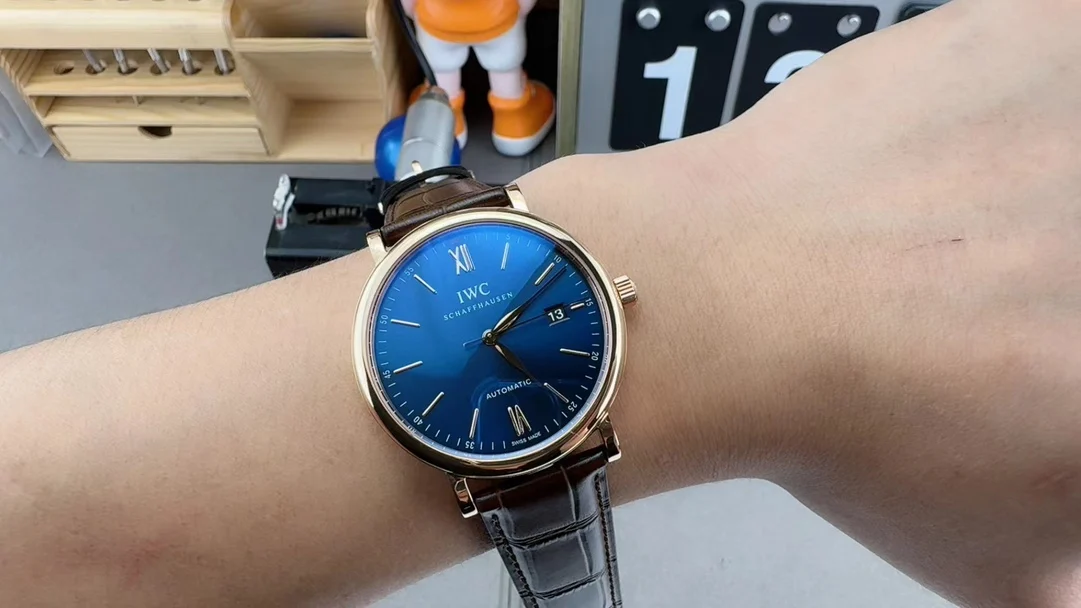 IWC Portofino Rose Gold Blue Dial — photographed off the sweep