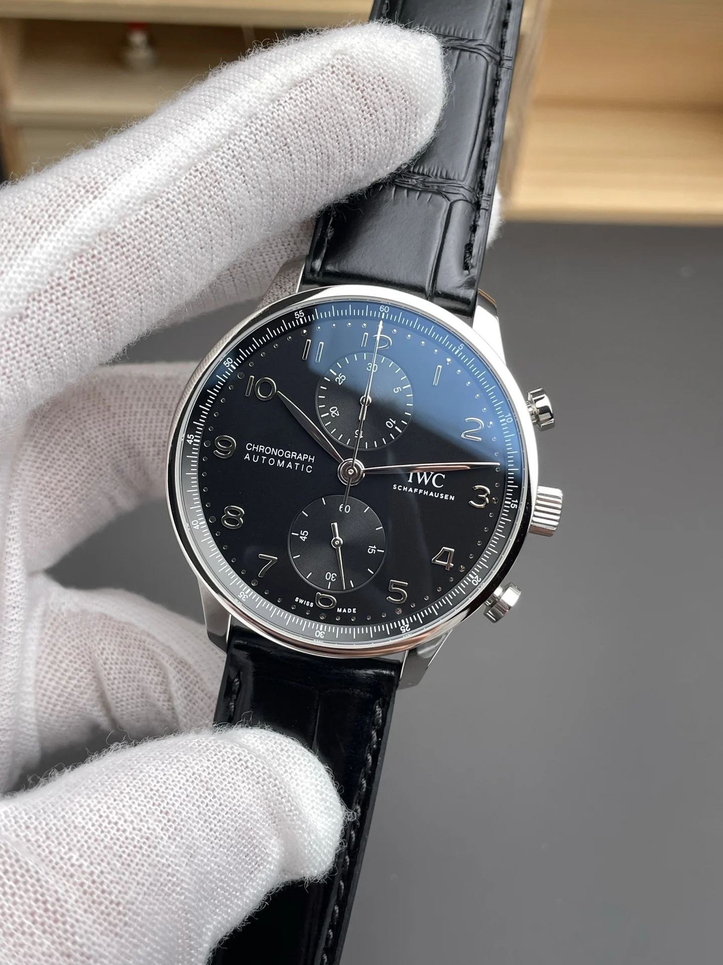 IWC Portugieser Black Dial 41mm — photographed off the sweep