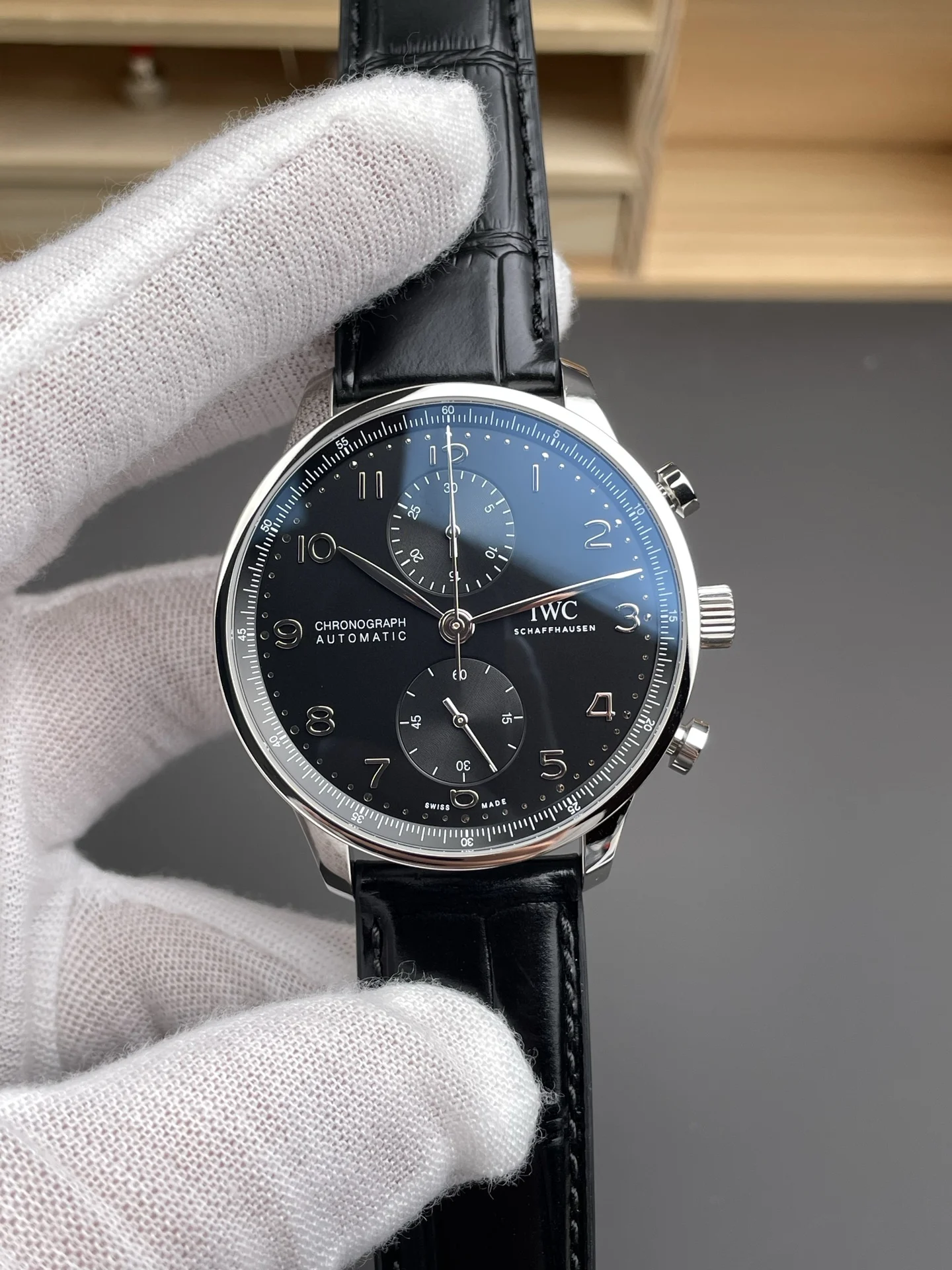 IWC Portugieser Black Dial 41mm — photographed off the sweep