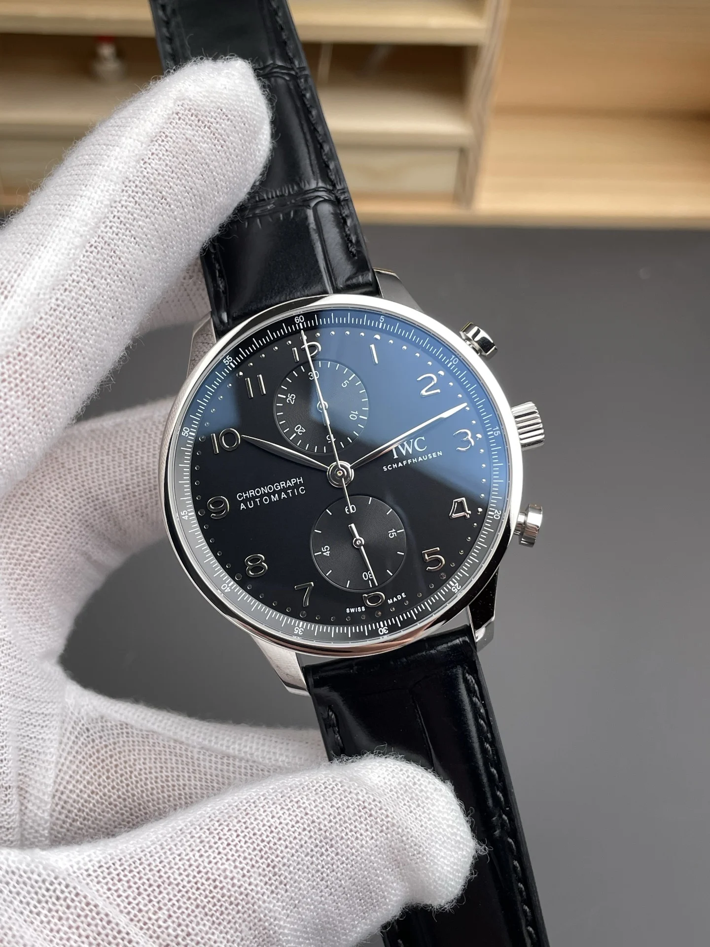 IWC Portugieser Black Dial 41mm — photographed off the sweep