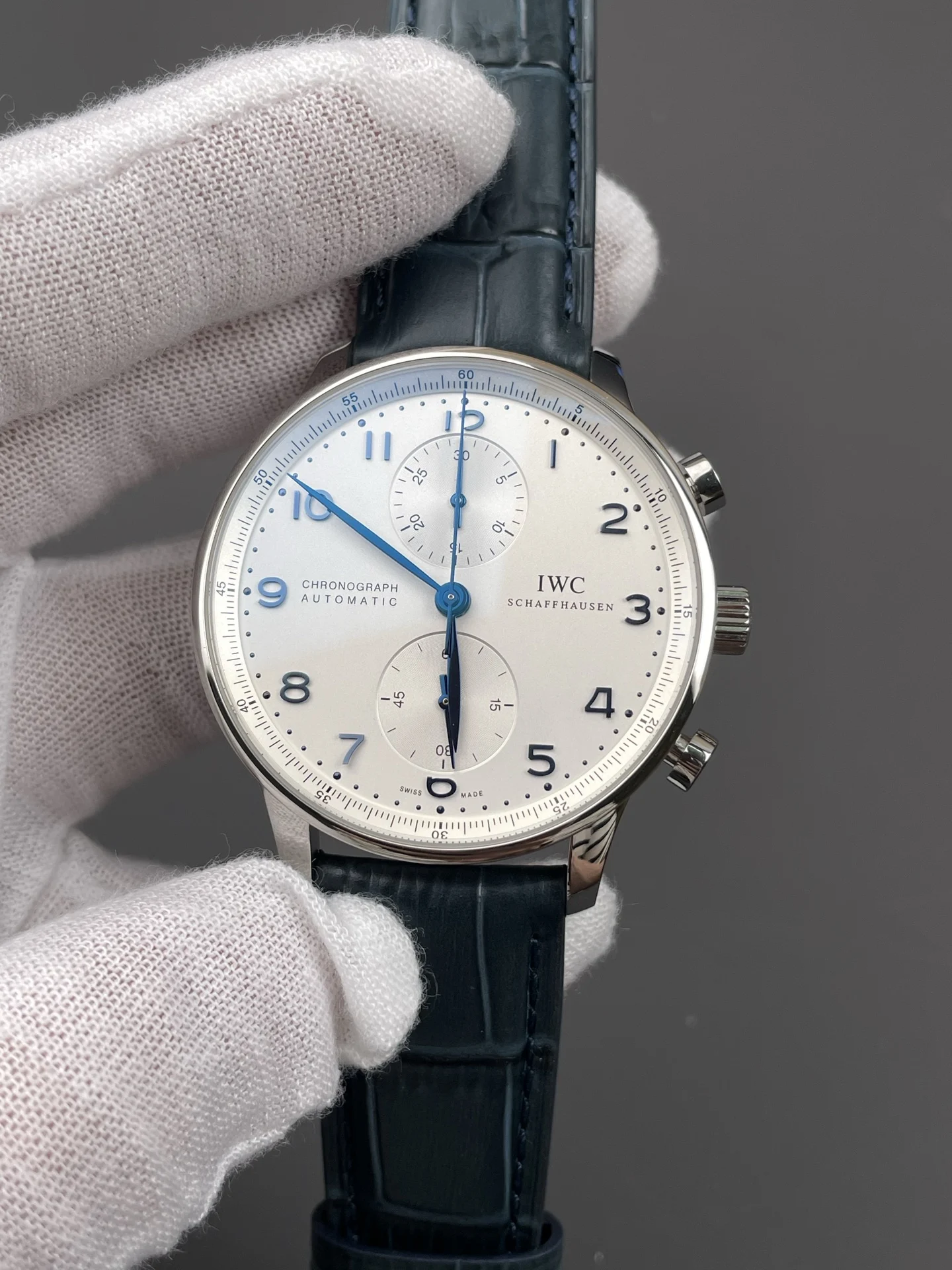 IWC Portugieser Blue Dial — photographed off the sweep