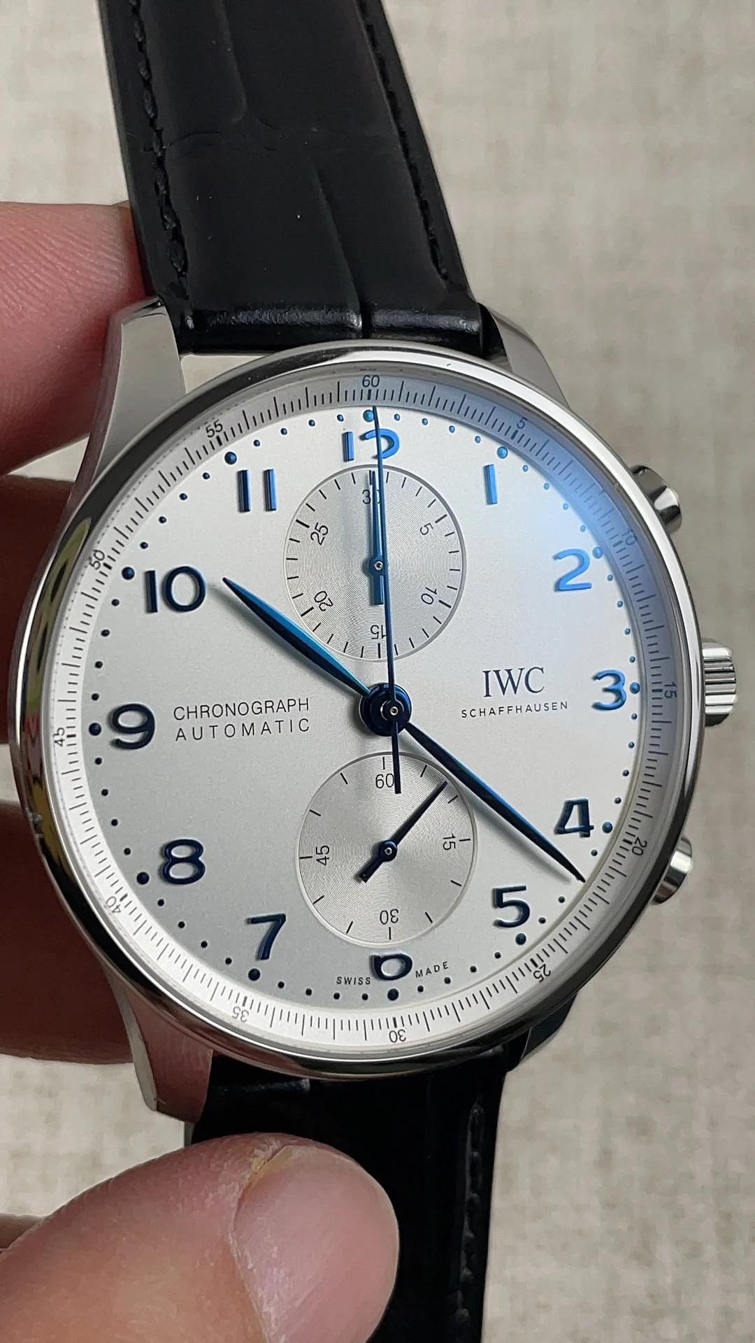 IWC Portugieser Blue Dial — photographed off the sweep