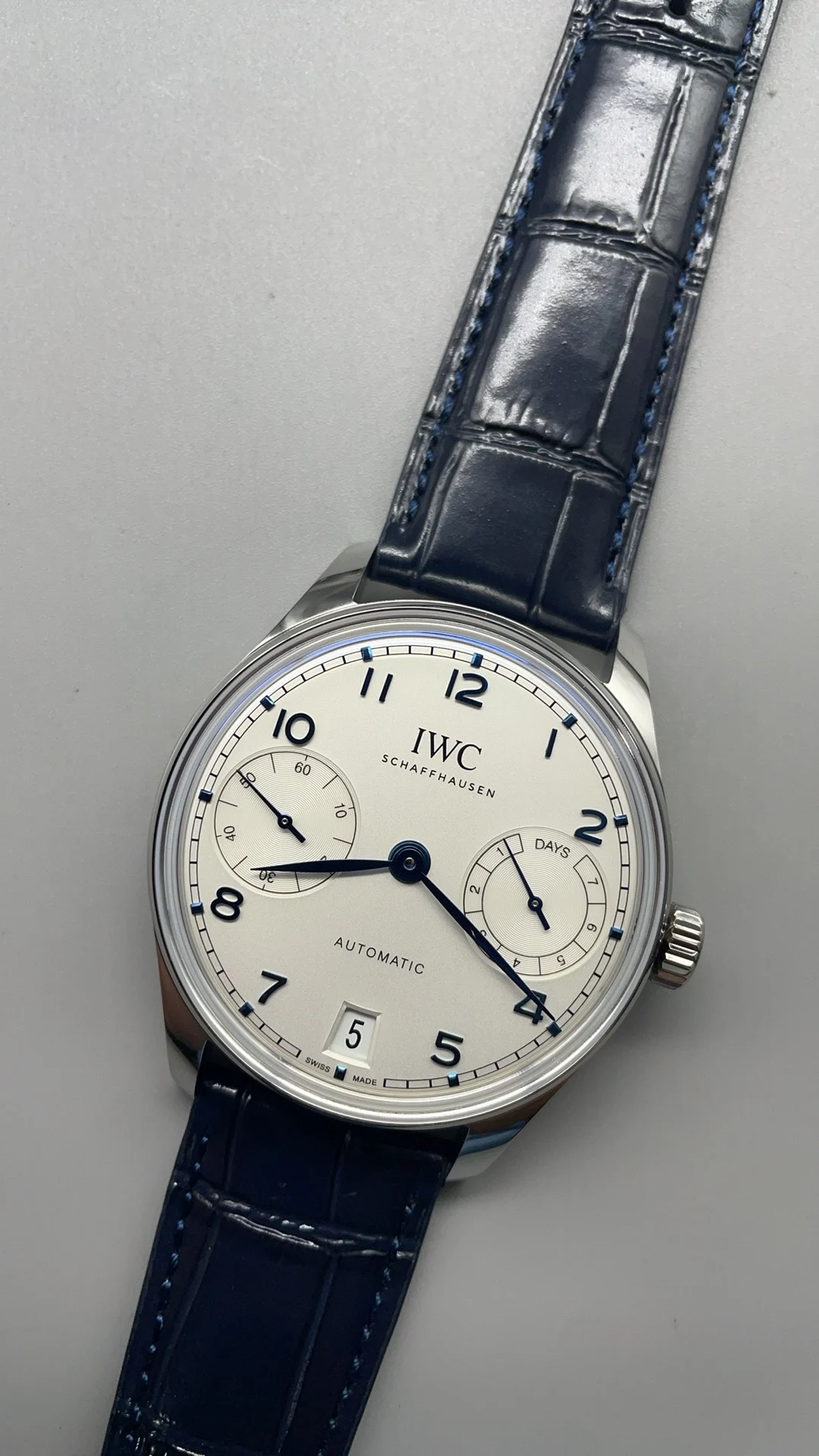 IWC Portugieser Blue Dial — photographed off the sweep
