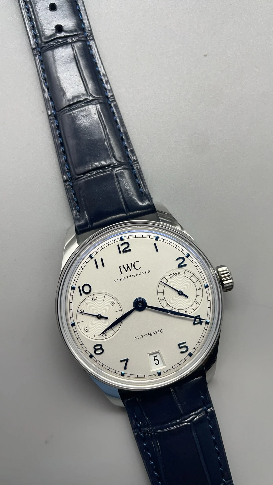 IWC Portugieser Blue Dial — photographed off the sweep