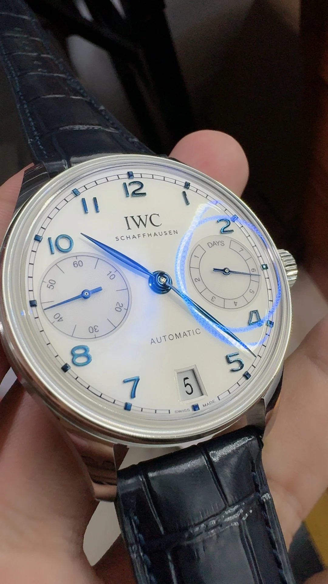 IWC Portugieser Blue Dial — photographed off the sweep