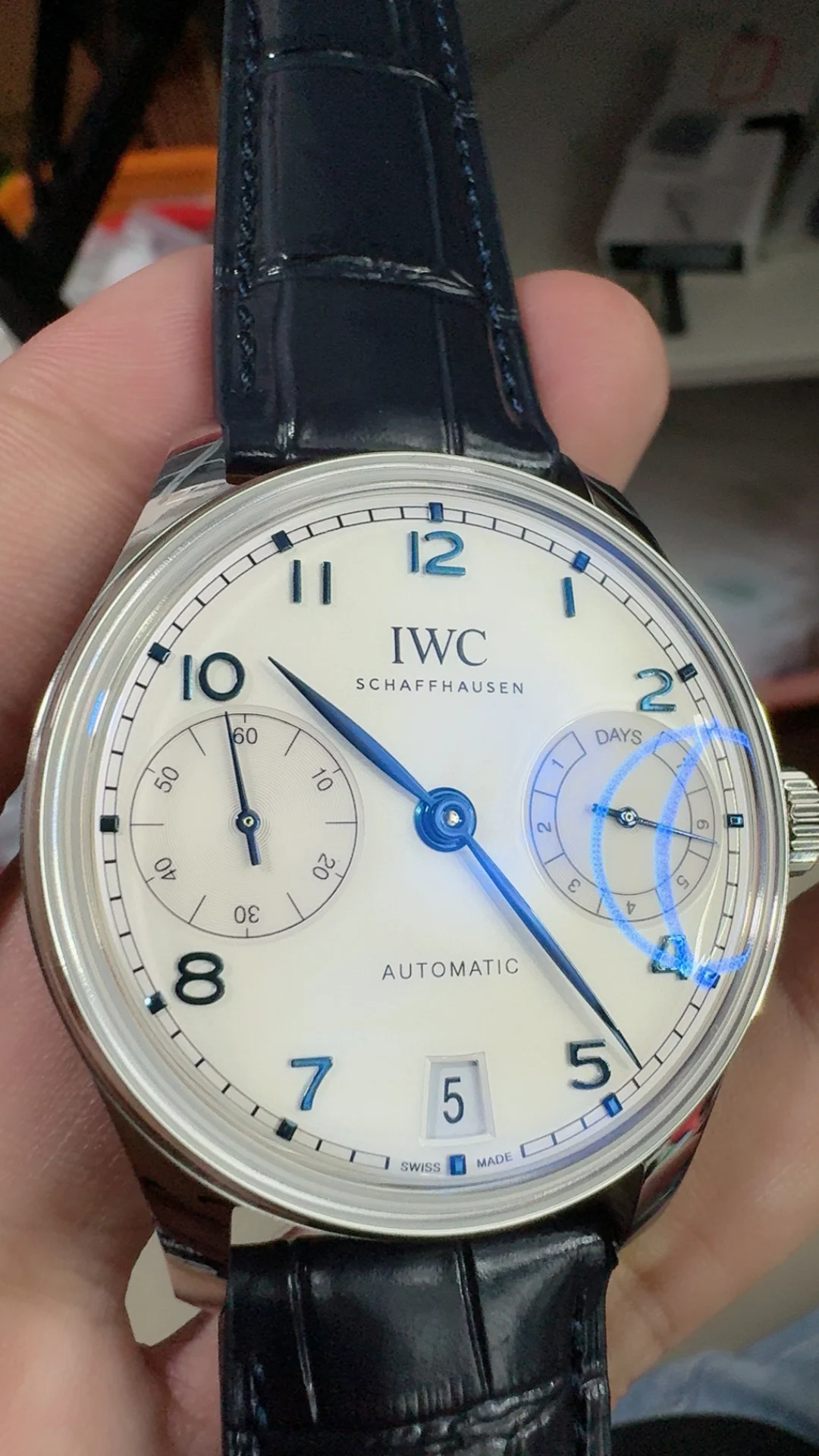 IWC Portugieser Blue Dial — photographed off the sweep