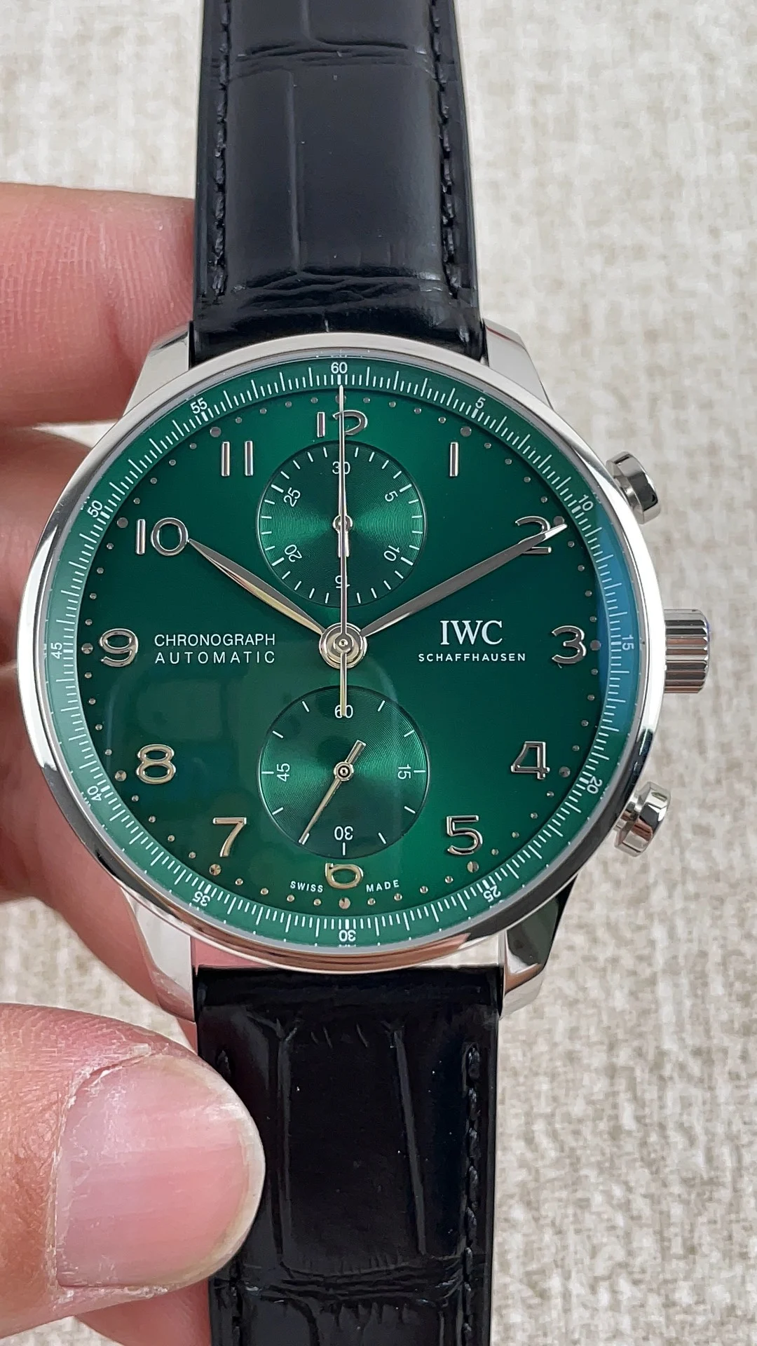 IWC Portugieser Green Dial — photographed off the sweep
