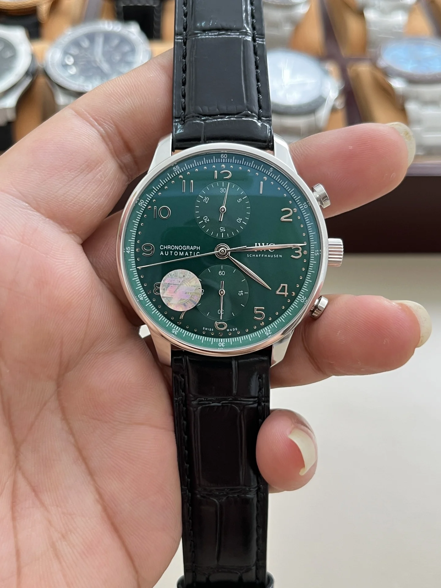 IWC Portugieser Green Dial 41mm — photographed off the sweep
