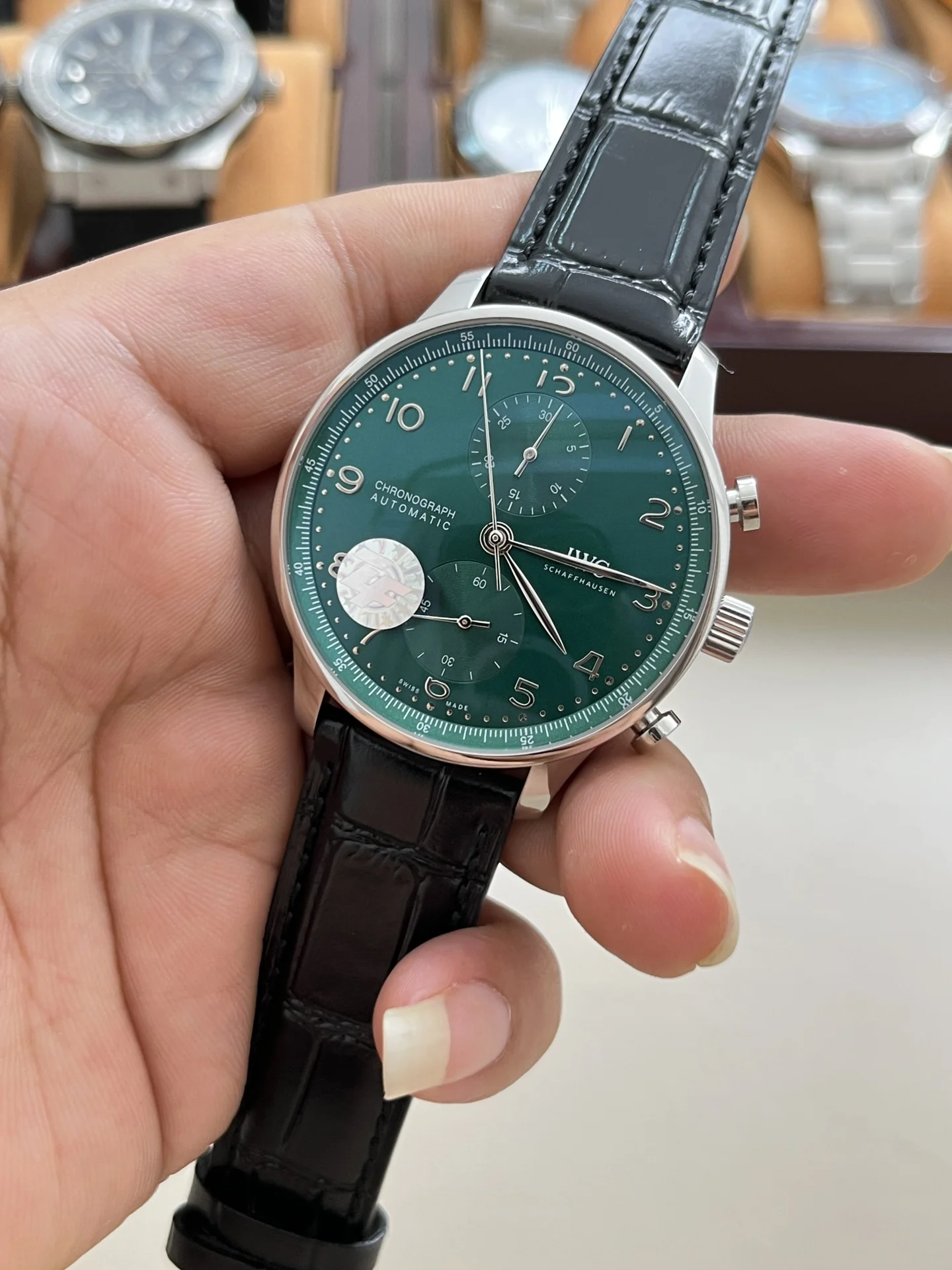 IWC Portugieser Green Dial 41mm — photographed off the sweep