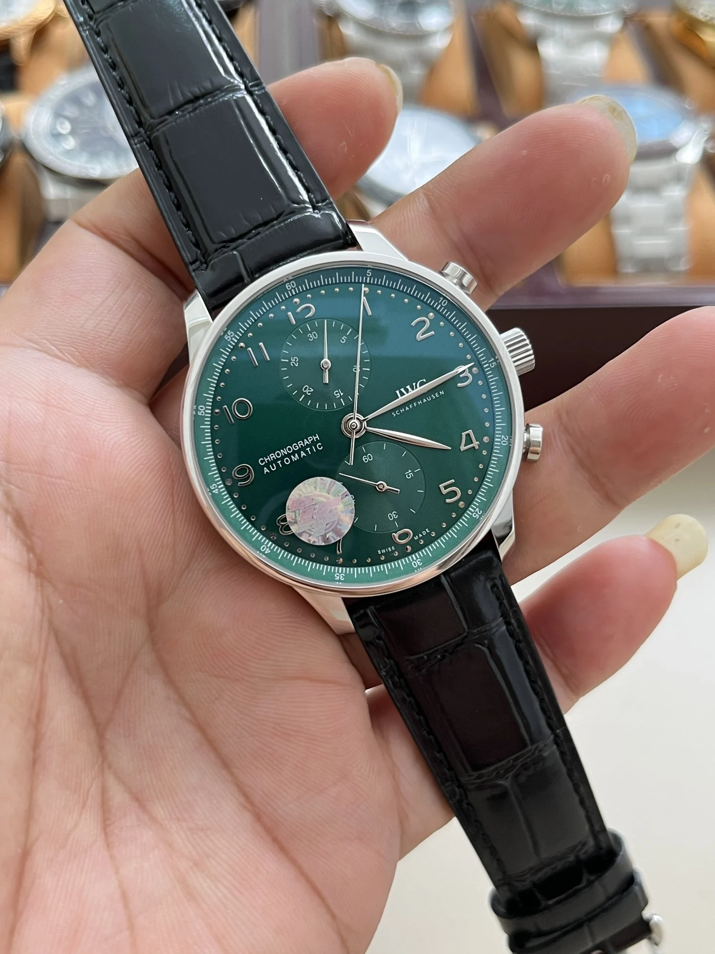 IWC Portugieser Green Dial 41mm — photographed off the sweep