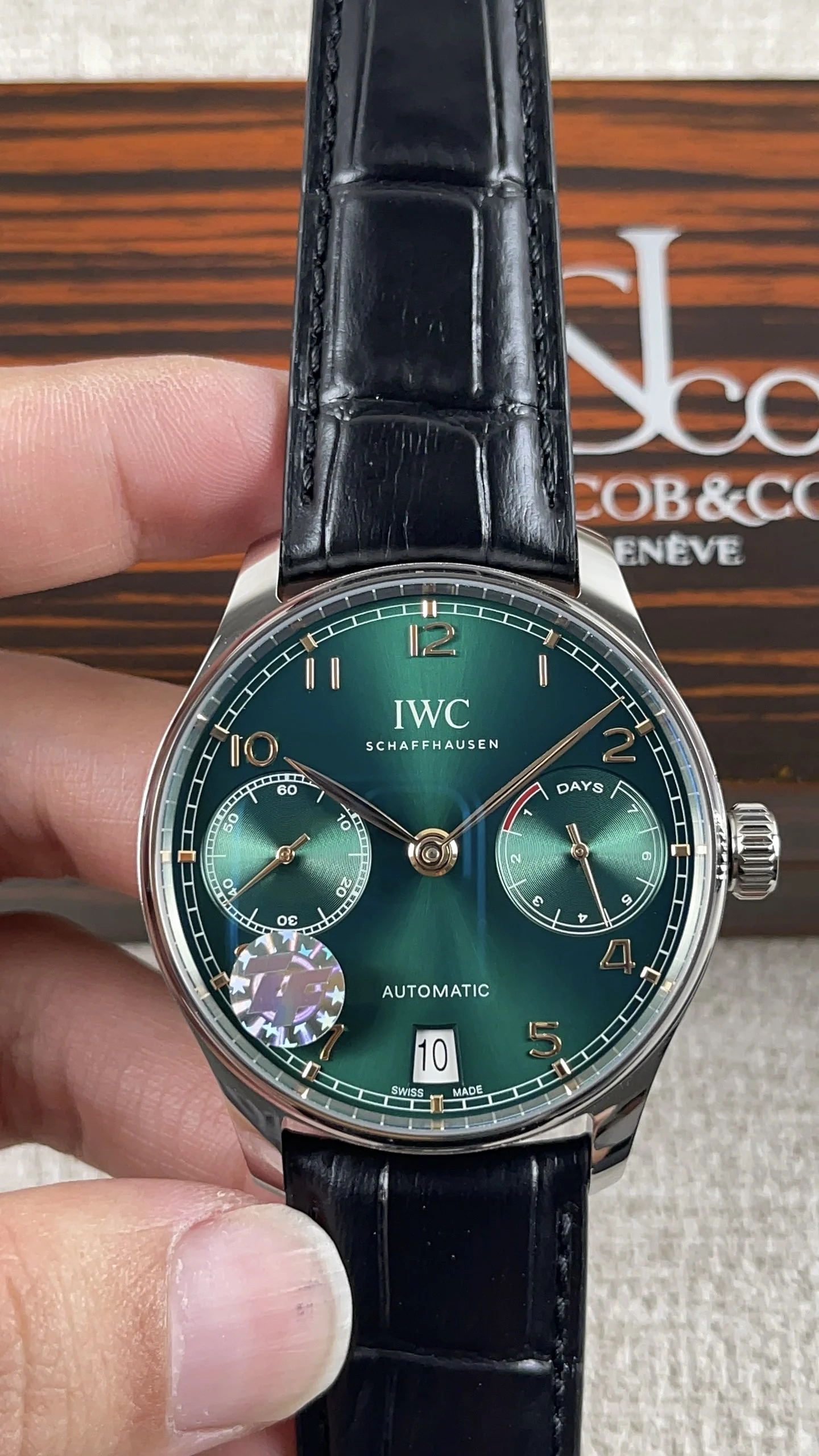 IWC Portugieser Green Dial — photographed off the sweep